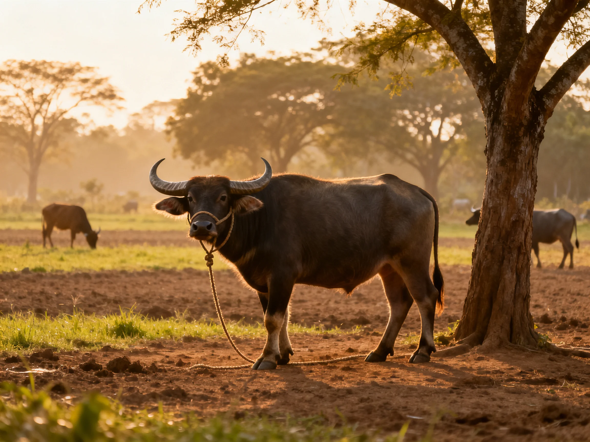 A large dark-brown buffalo tethered near a tree in golden sunlight