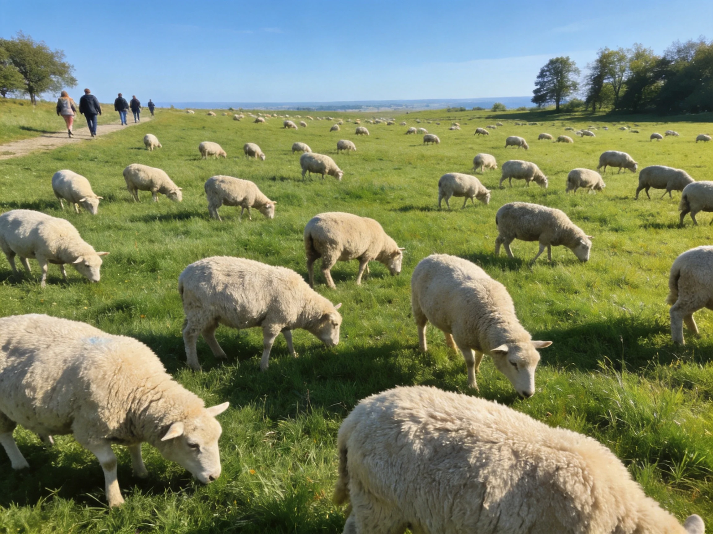 White sheep graze in a sunny green meadow near walkers.