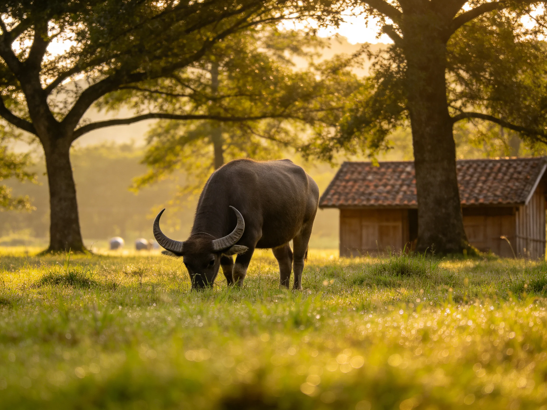 A large gray water buffalo grazes in a golden-lit green meadow near wooden structures