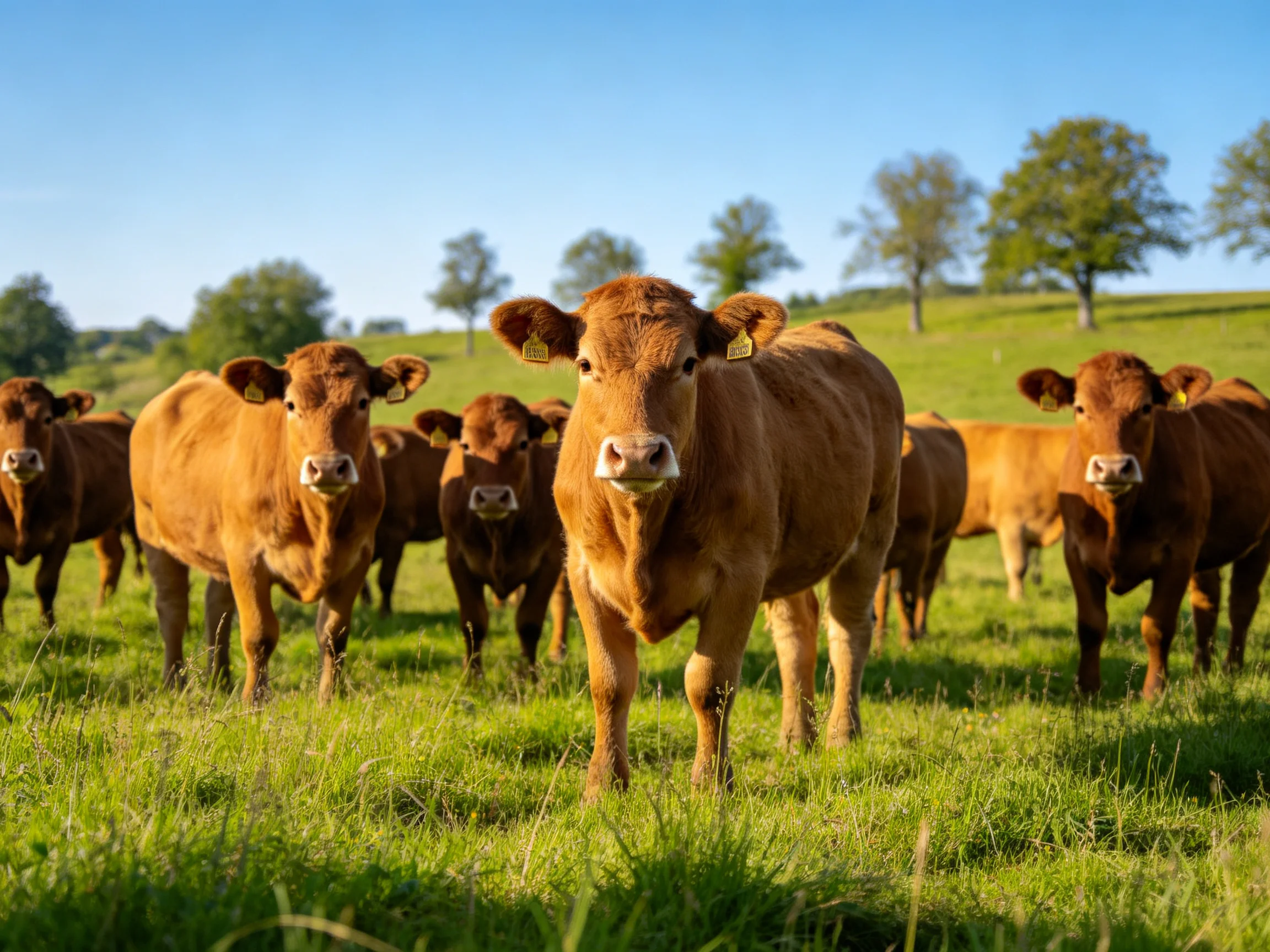 A large group of brown cattle in a sunlit green meadow