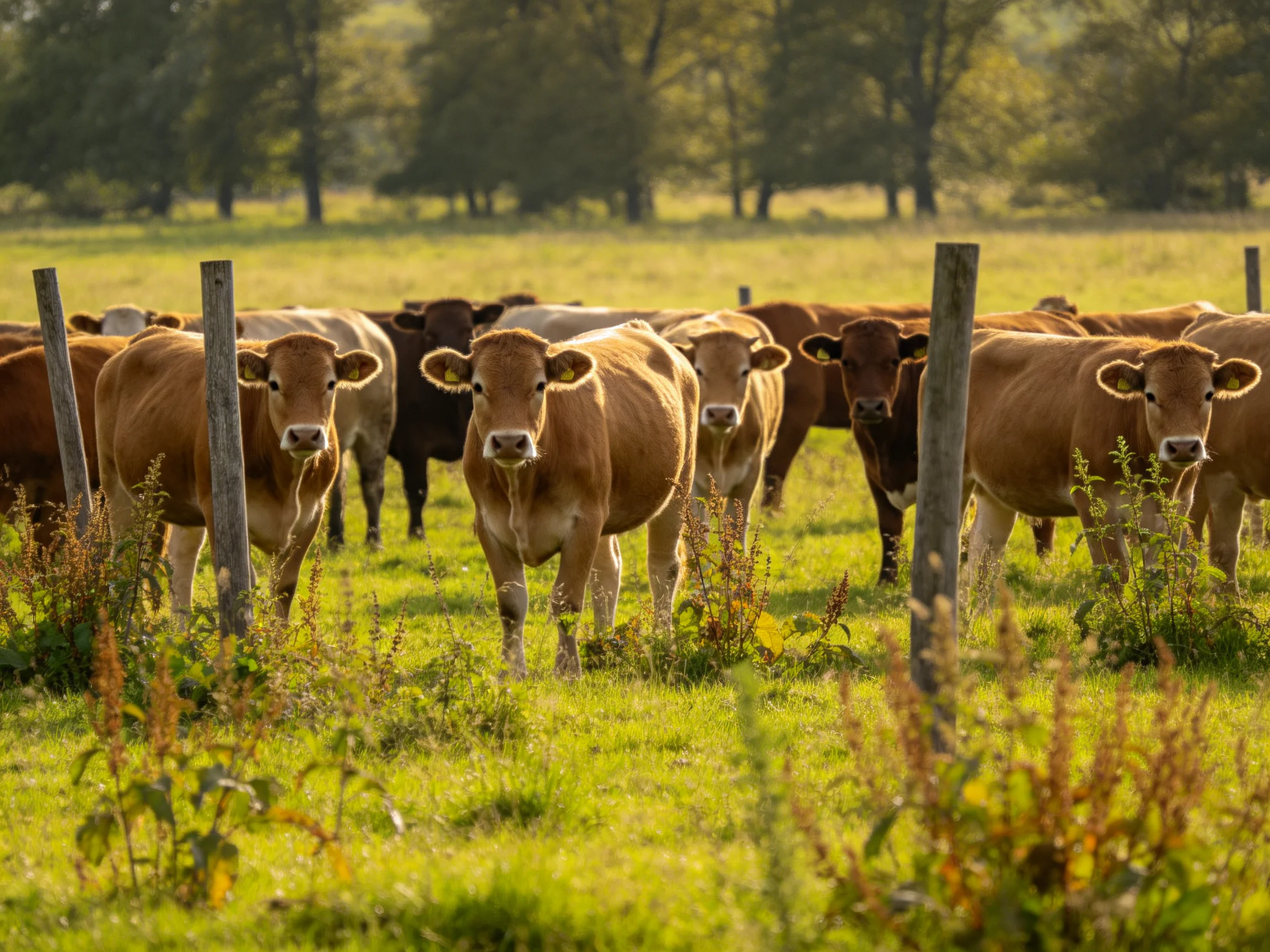 A large group of brown cattle in a sunlit green pasture
