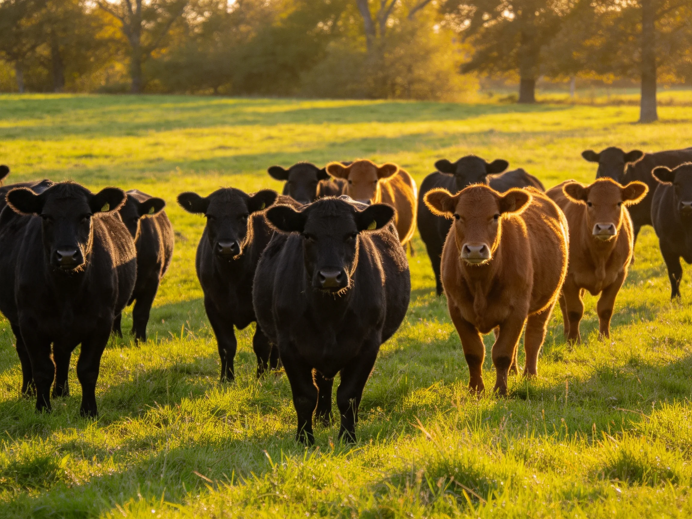 A large herd of black and brown cattle in a sunlit pasture