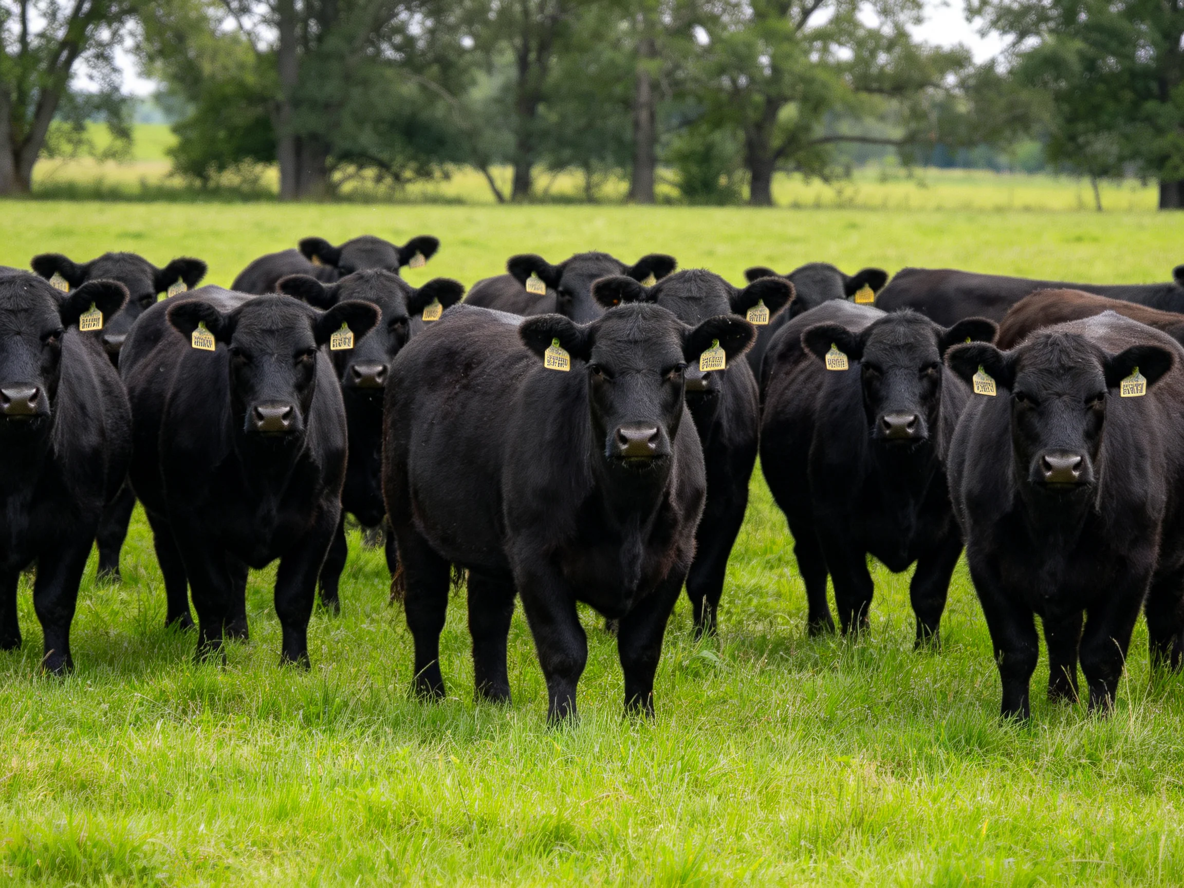 A large herd of black cattle gathered in a lush green pasture