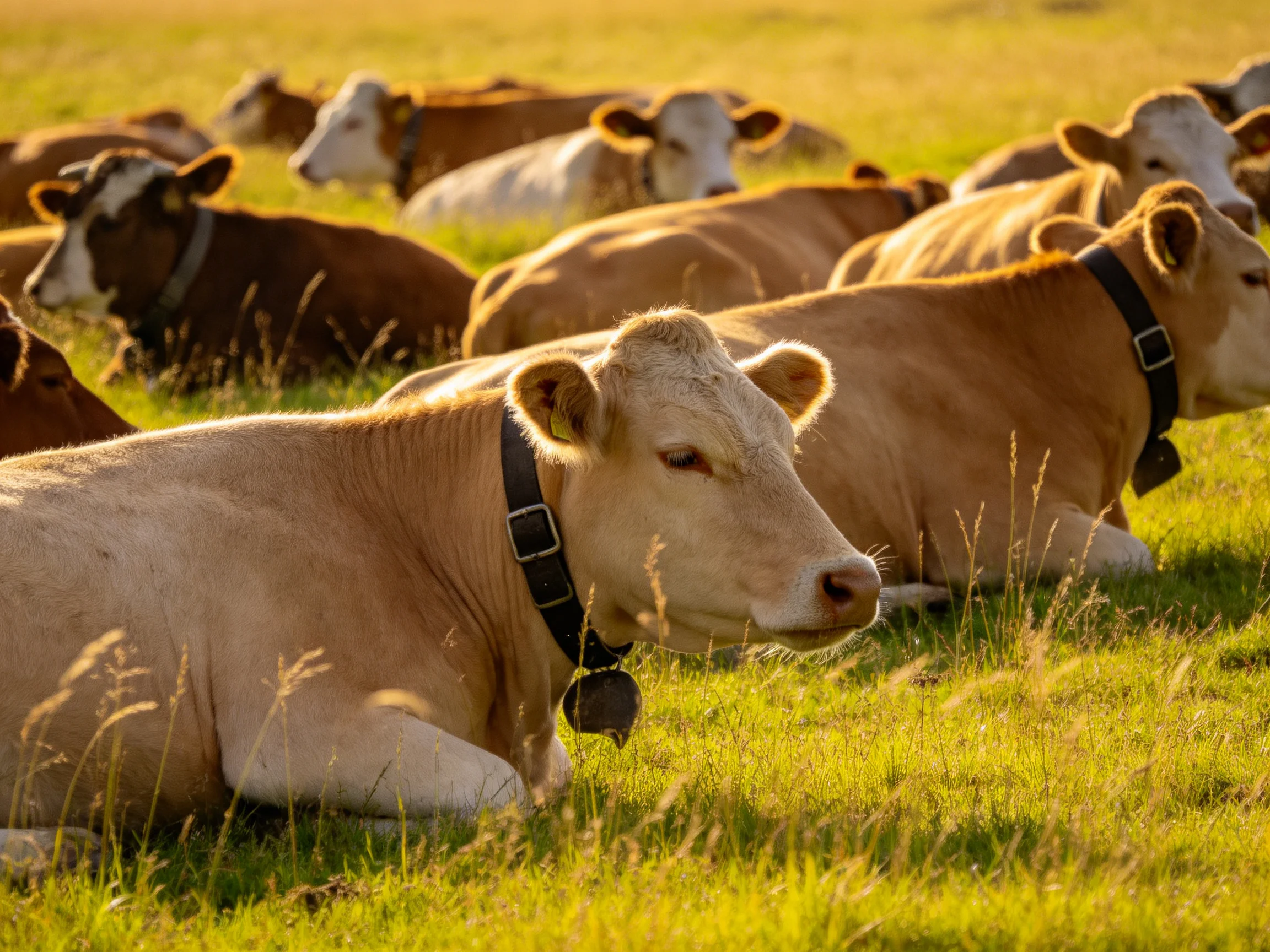 A large herd of brown and white cattle resting in a sunlit meadow