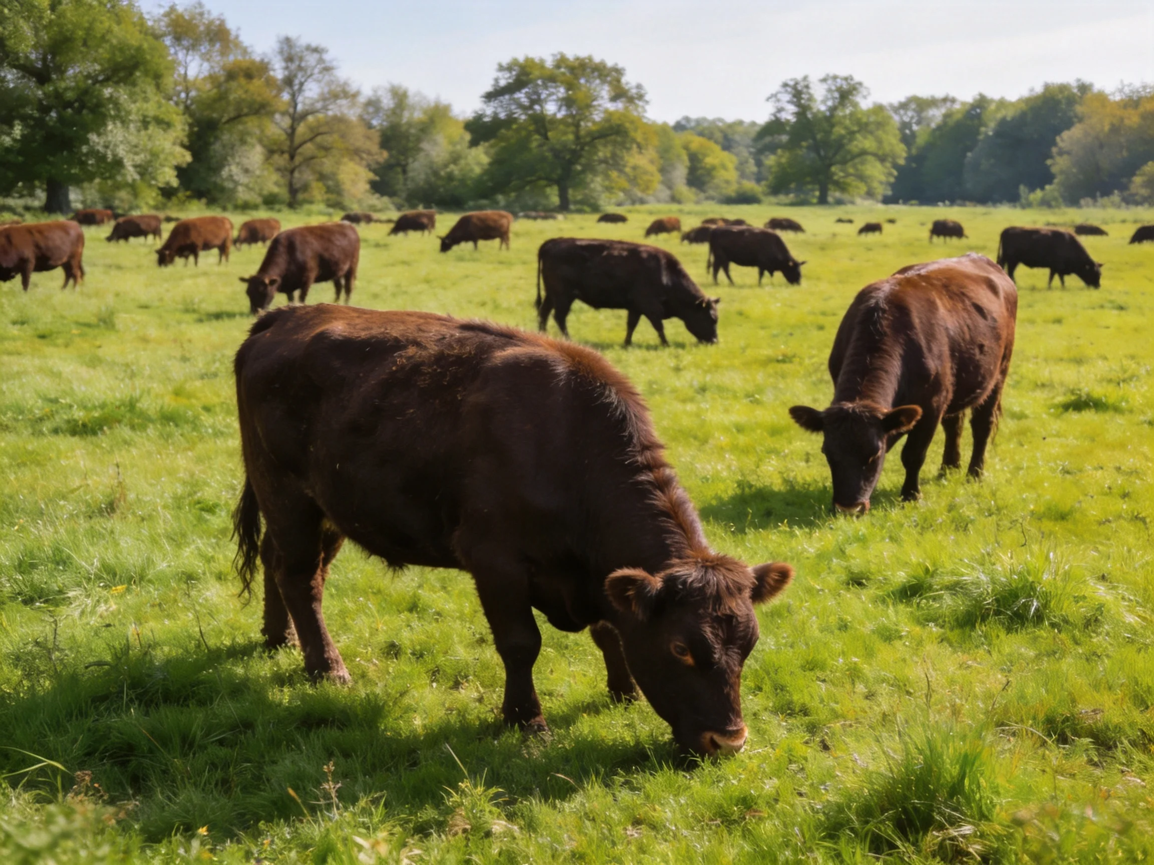 A large herd of brown cattle grazes in a lush green pasture