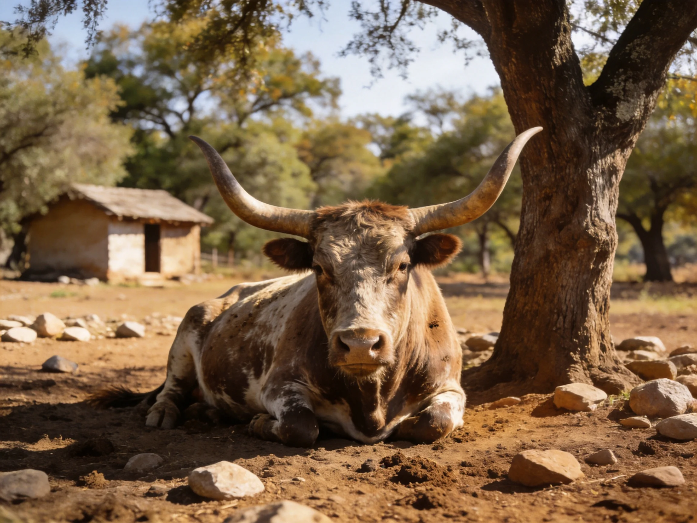 A large horned brown cow rests under a tree near rocks