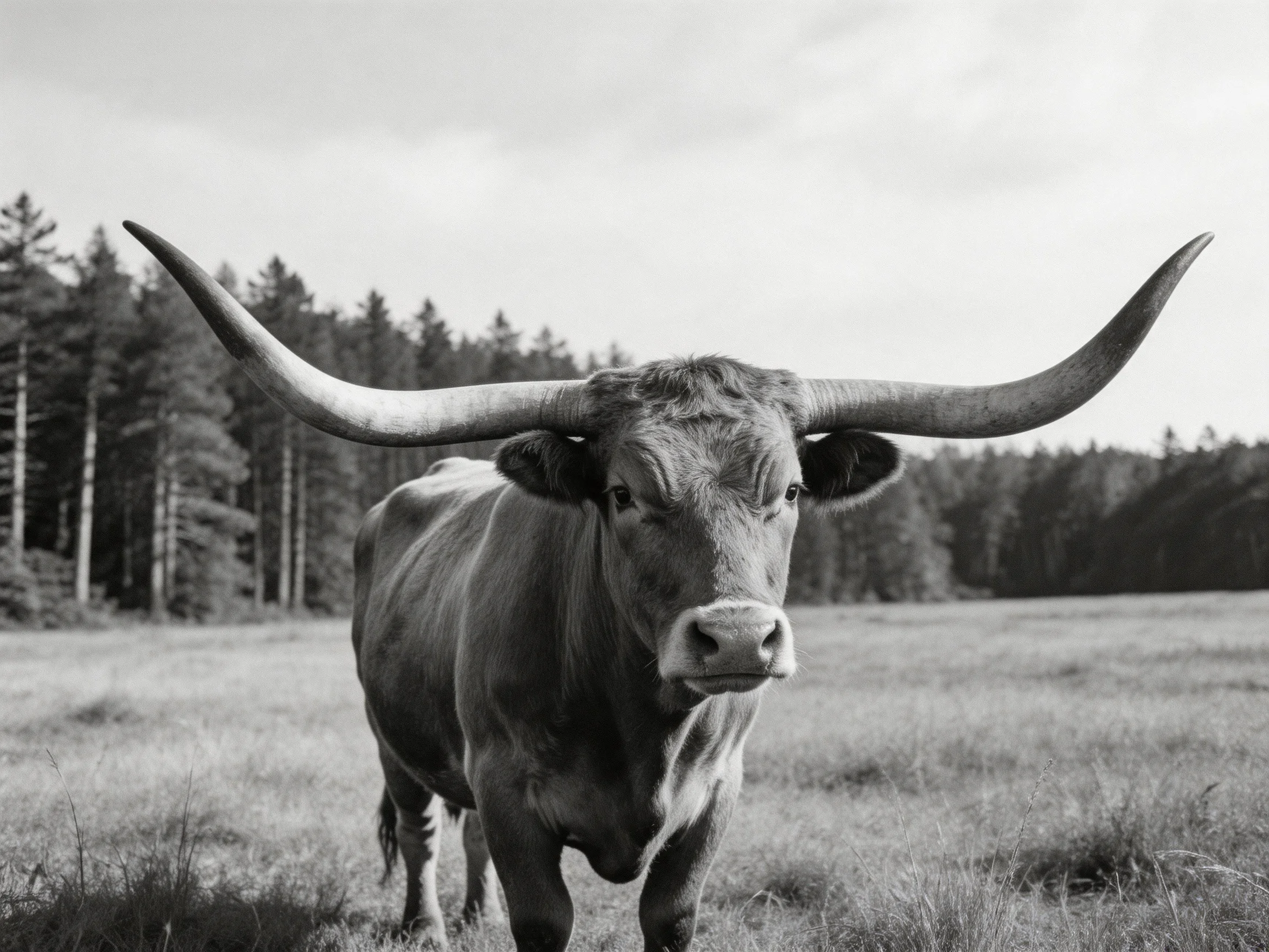 A large horned bull with prominent horns in a grassy field