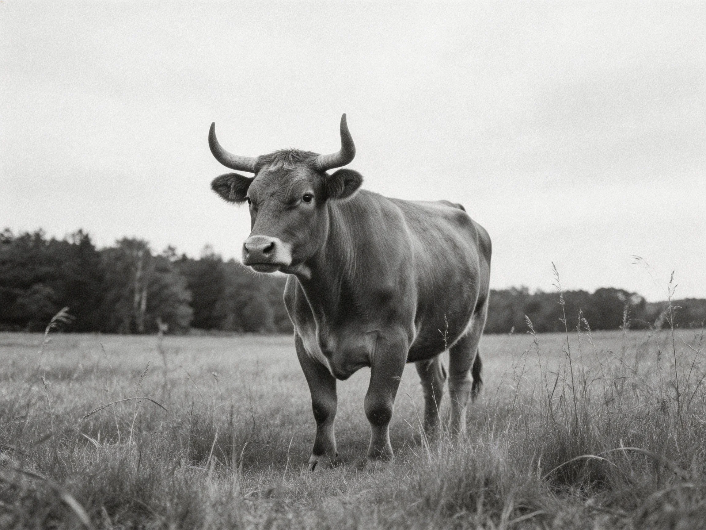A large horned cow in a wide open grassy field with trees in the distance