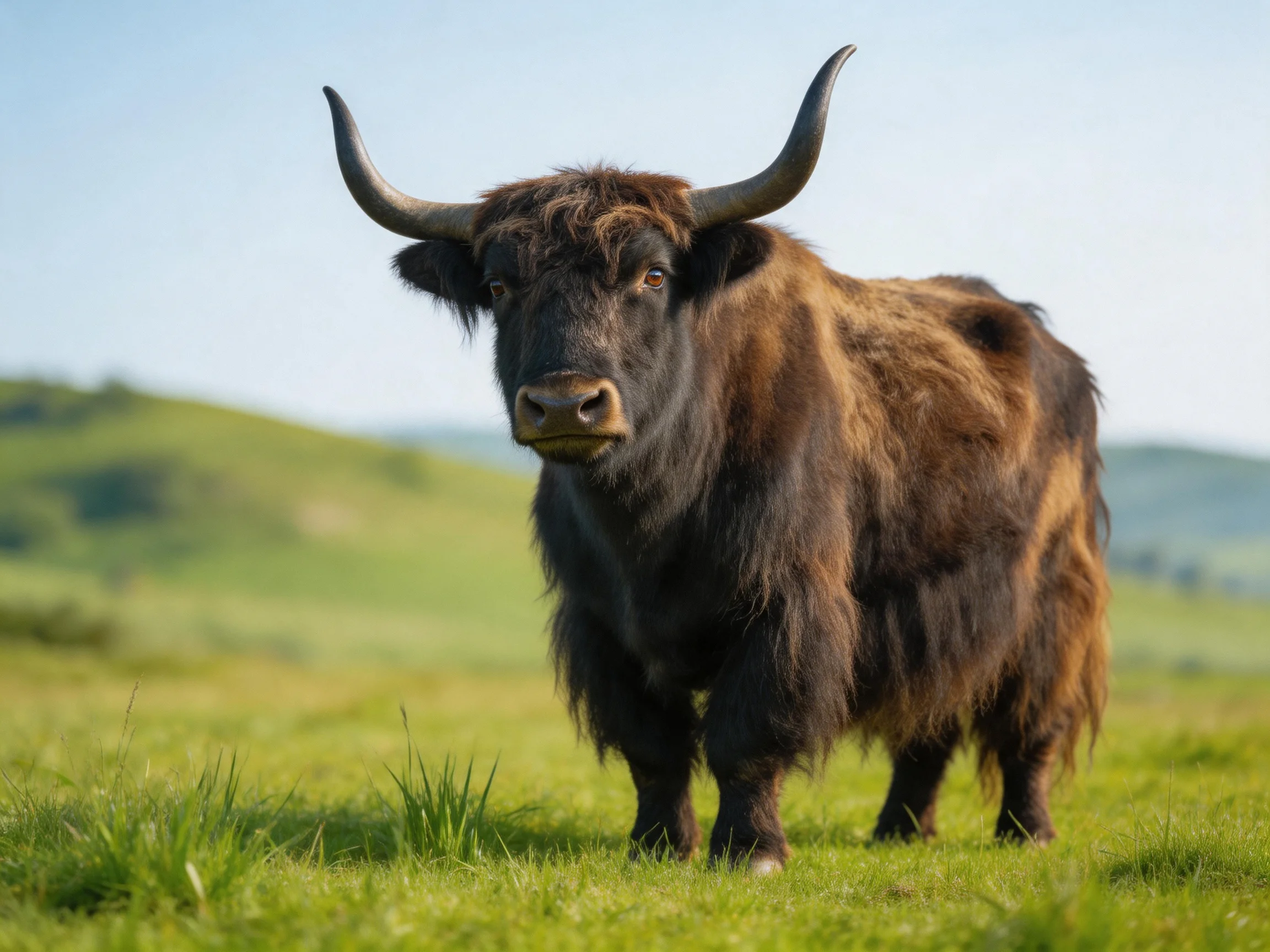 A large horned yak with thick brown fur stands in an open green meadow