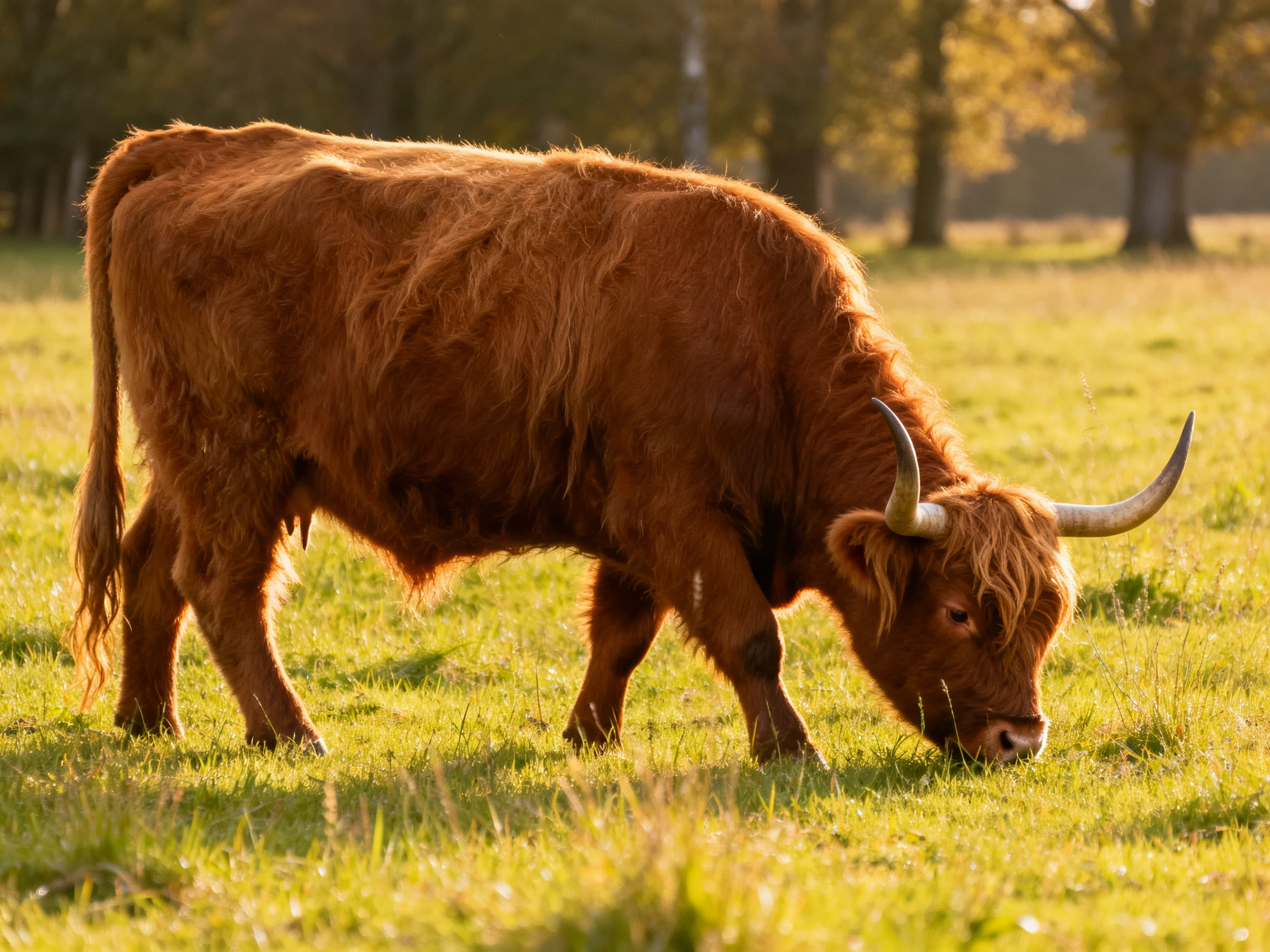 A large reddish-brown Highland cow grazes in a sunlit meadow