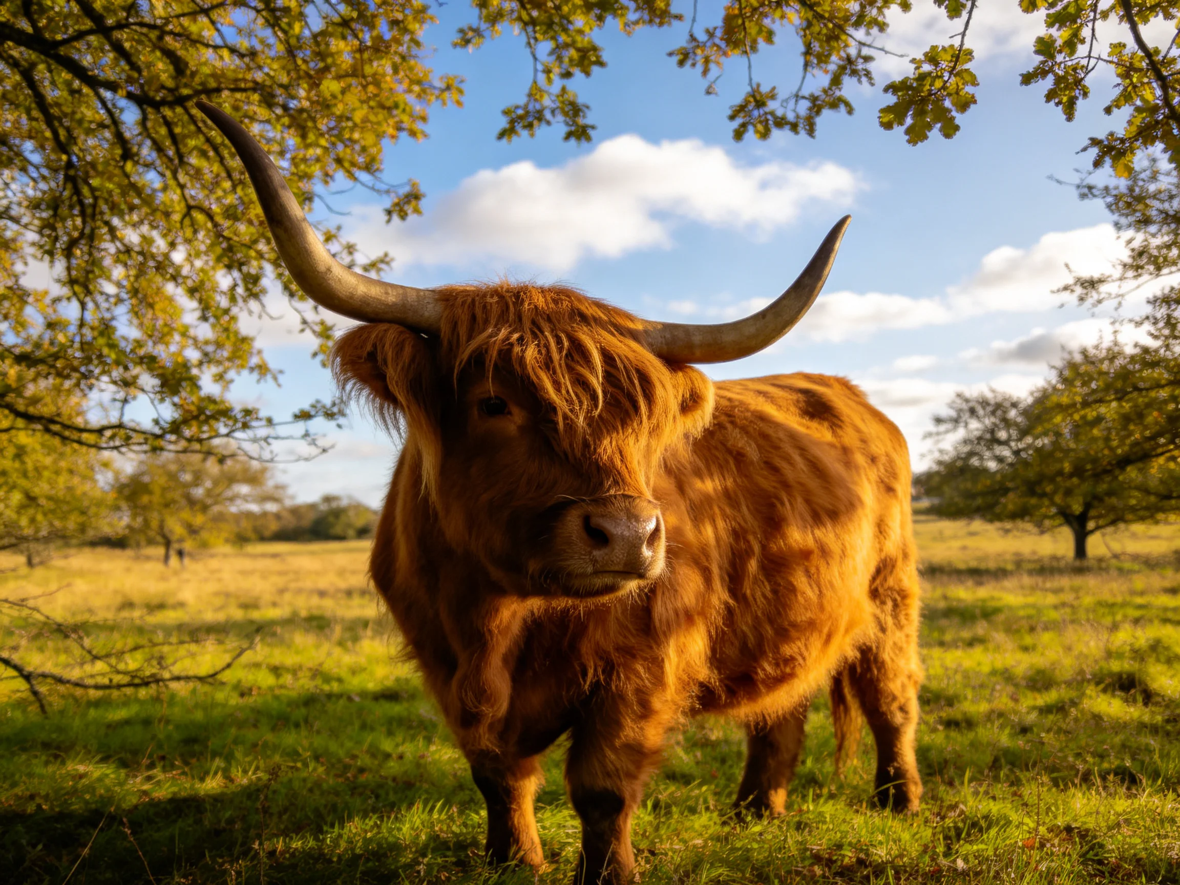 A large shaggy brown Highland cow stands in a sunlit green meadow