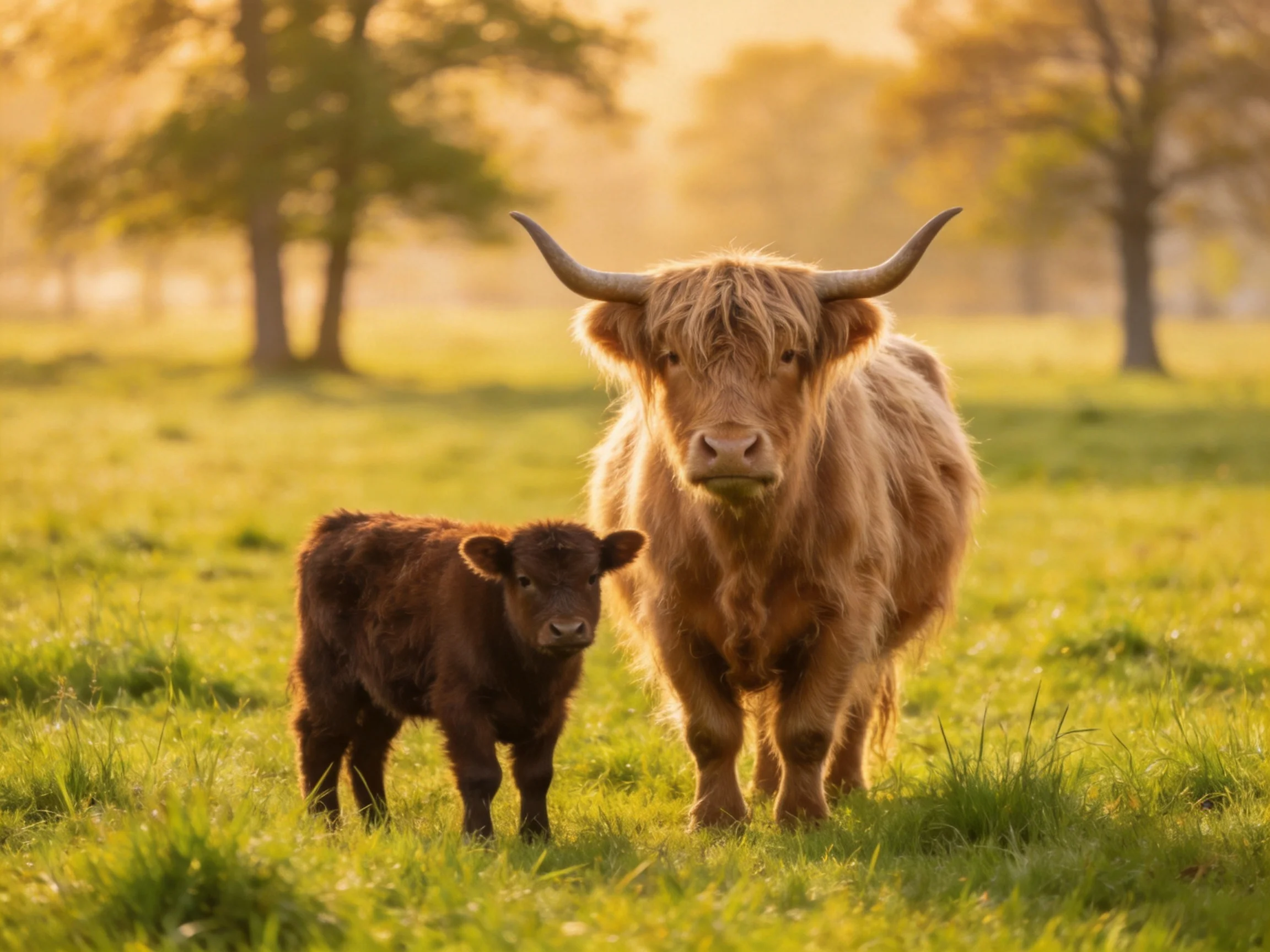A large tan Highland cow and small dark brown calf in a sunlit meadow