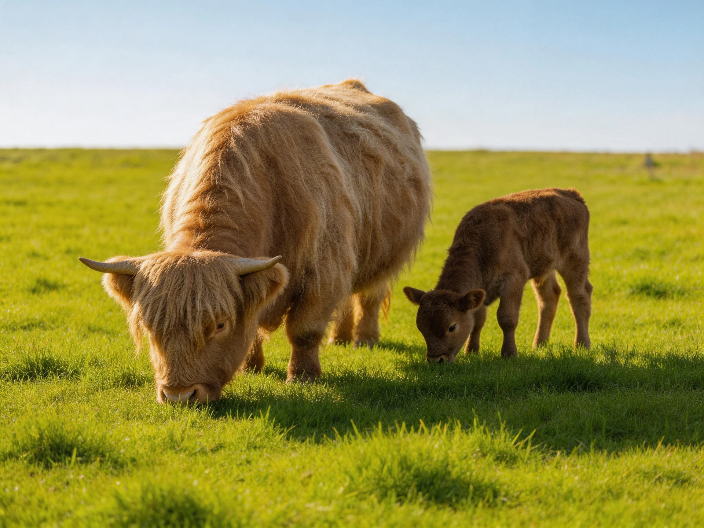 An adult cow and young calf graze together in a sunny meadow