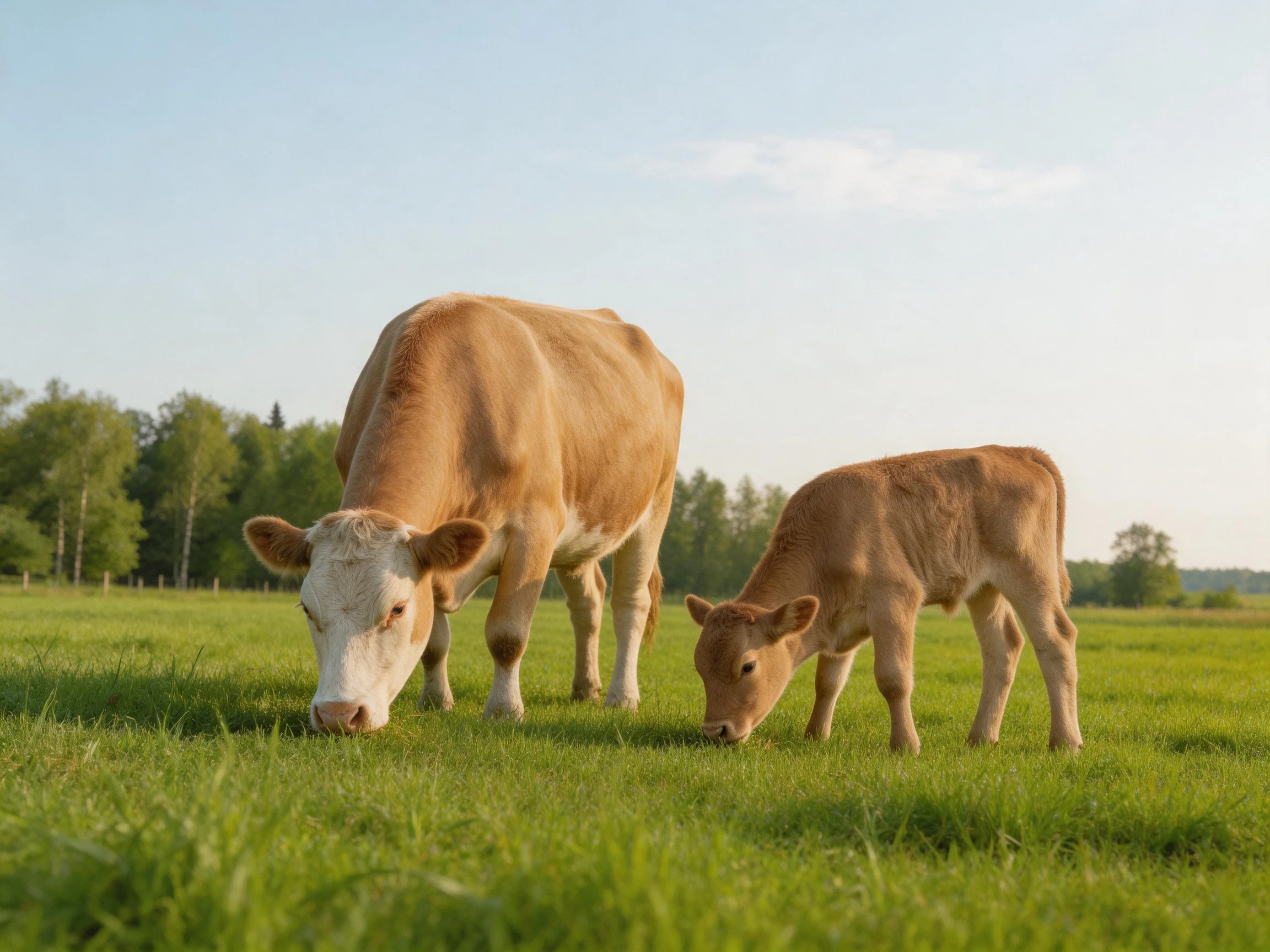 A large tan cow and small tan calf graze in a lush green meadow