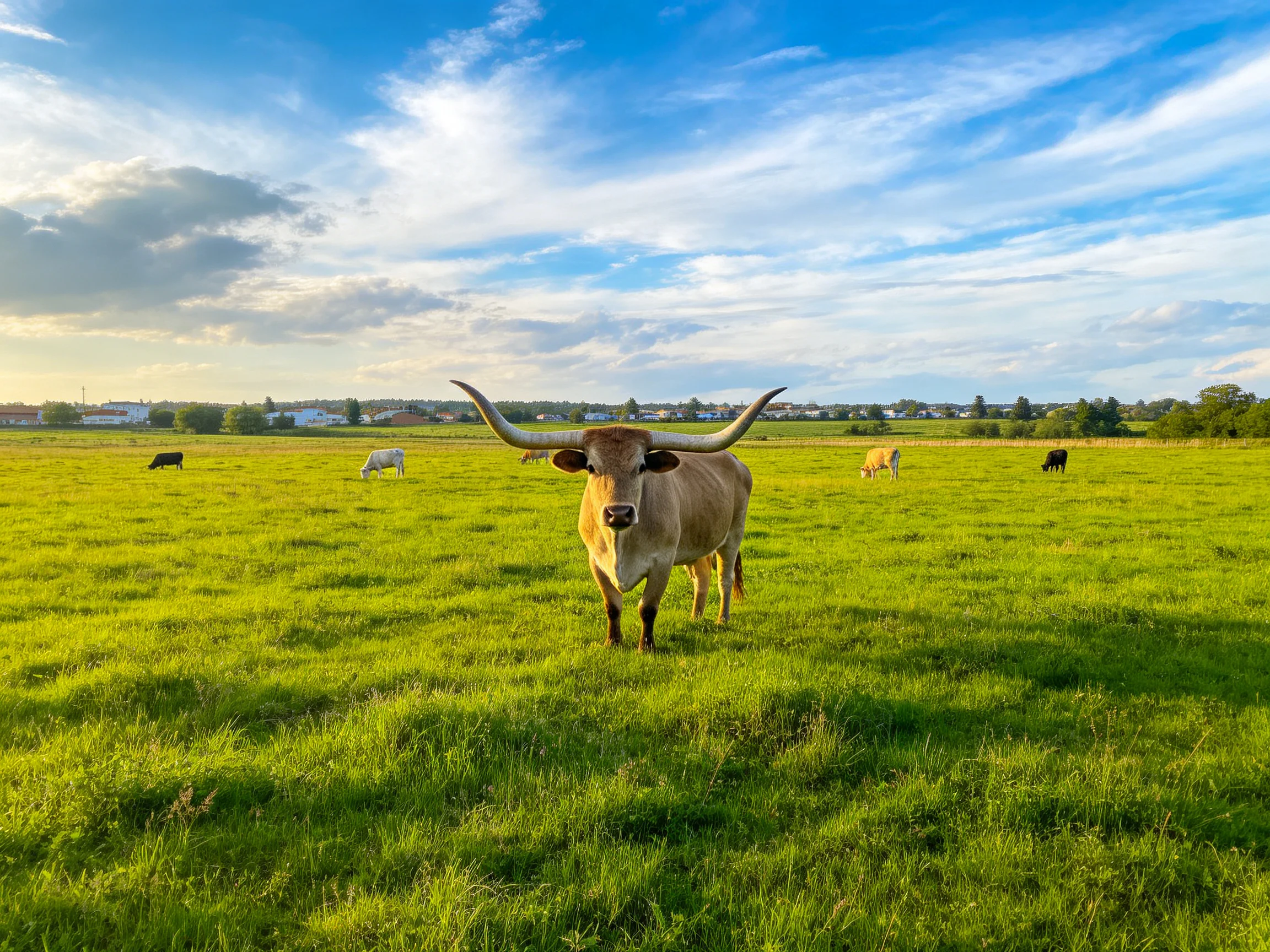 A large tan longhorn stands in a lush green pasture with other cows