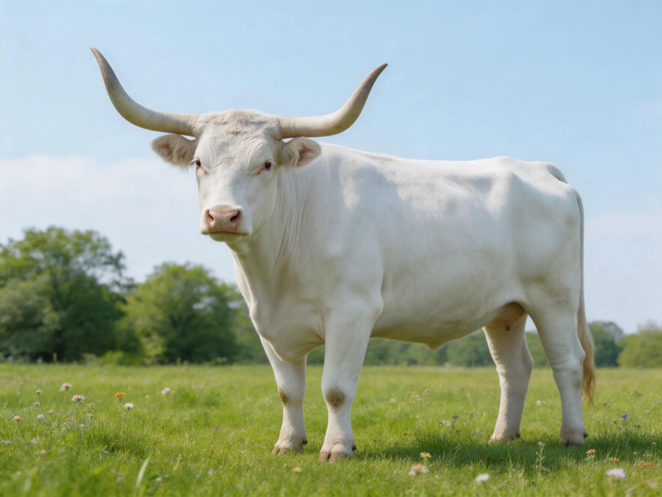 A large white bull with long curved horns stands in a green meadow