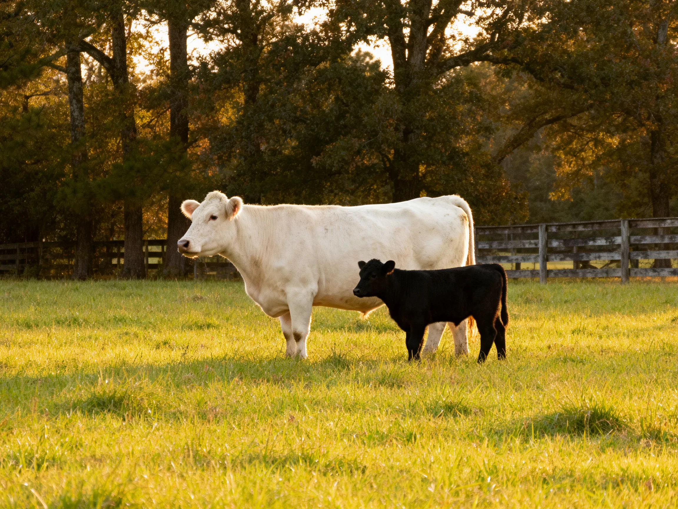 A large white cow stands beside a small black calf in a sunlit pasture.