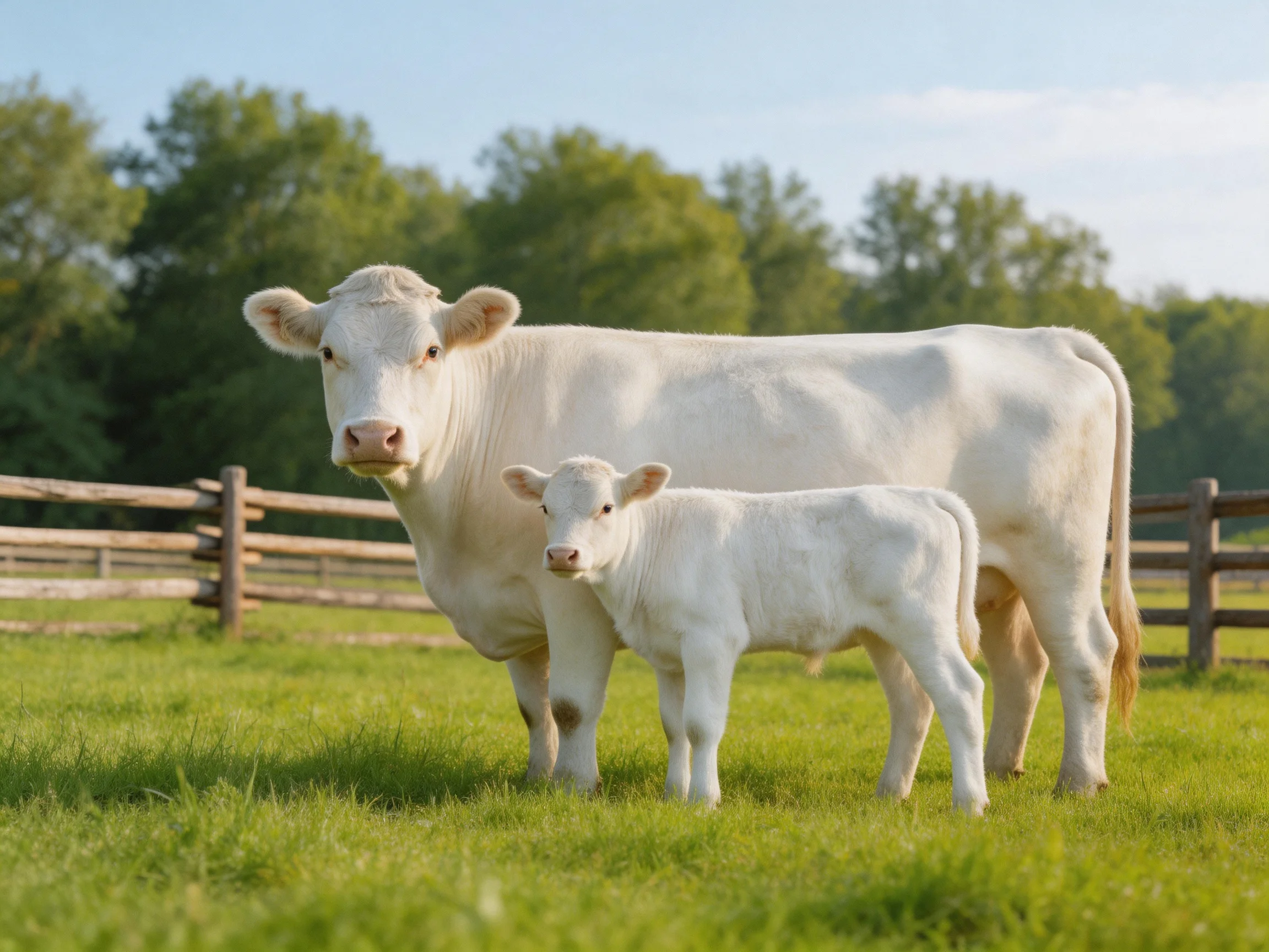An adult cow and her calf stand together in a sunlit pasture.