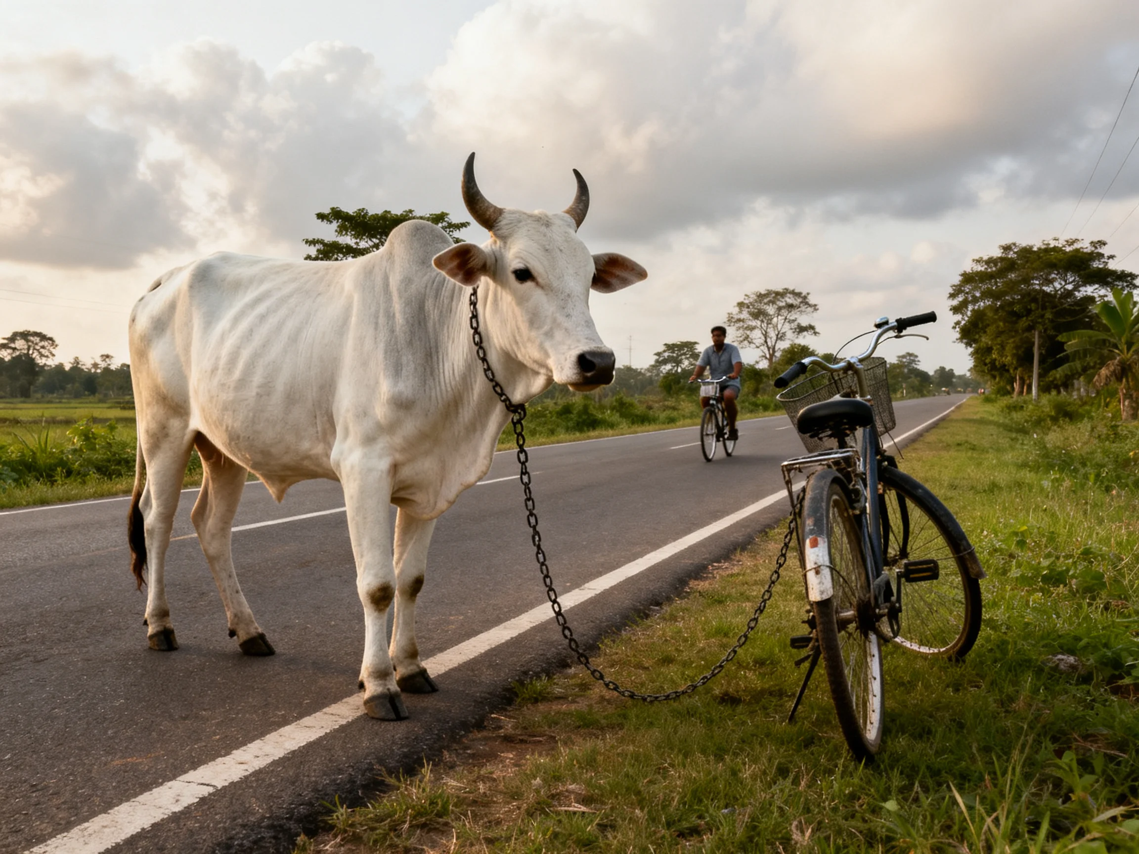 A large white cow chained to a bicycle blocks a rural road with a cyclist approaching