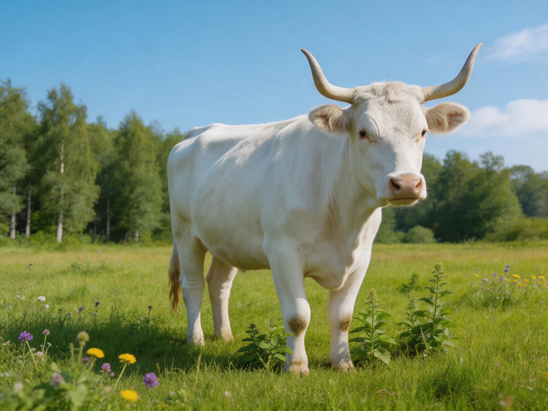 A large white horned cow in a lush green meadow