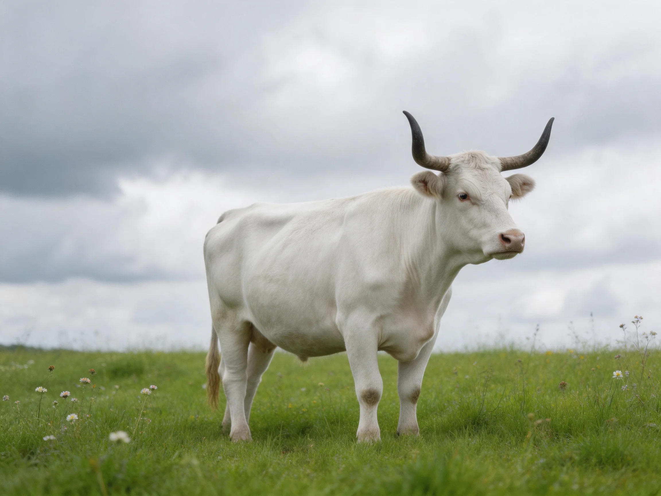 A large white horned cow stands in a lush green meadow under cloudy skies