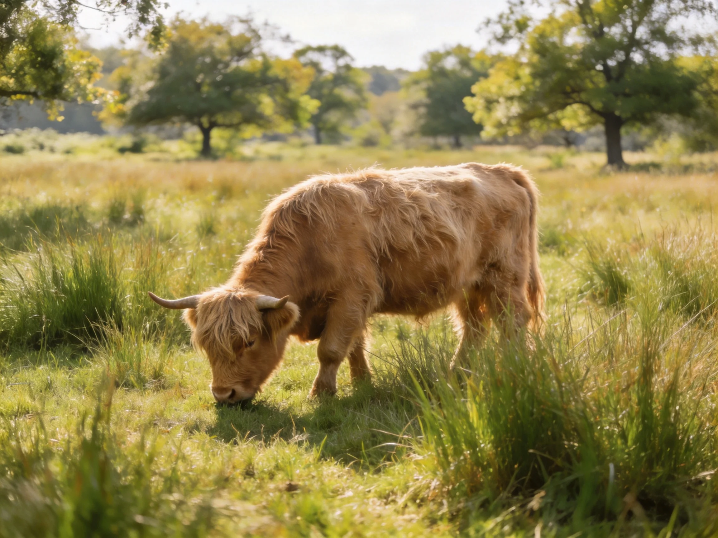 A light brown Highland cow grazes in a sunlit grassy meadow with scattered trees