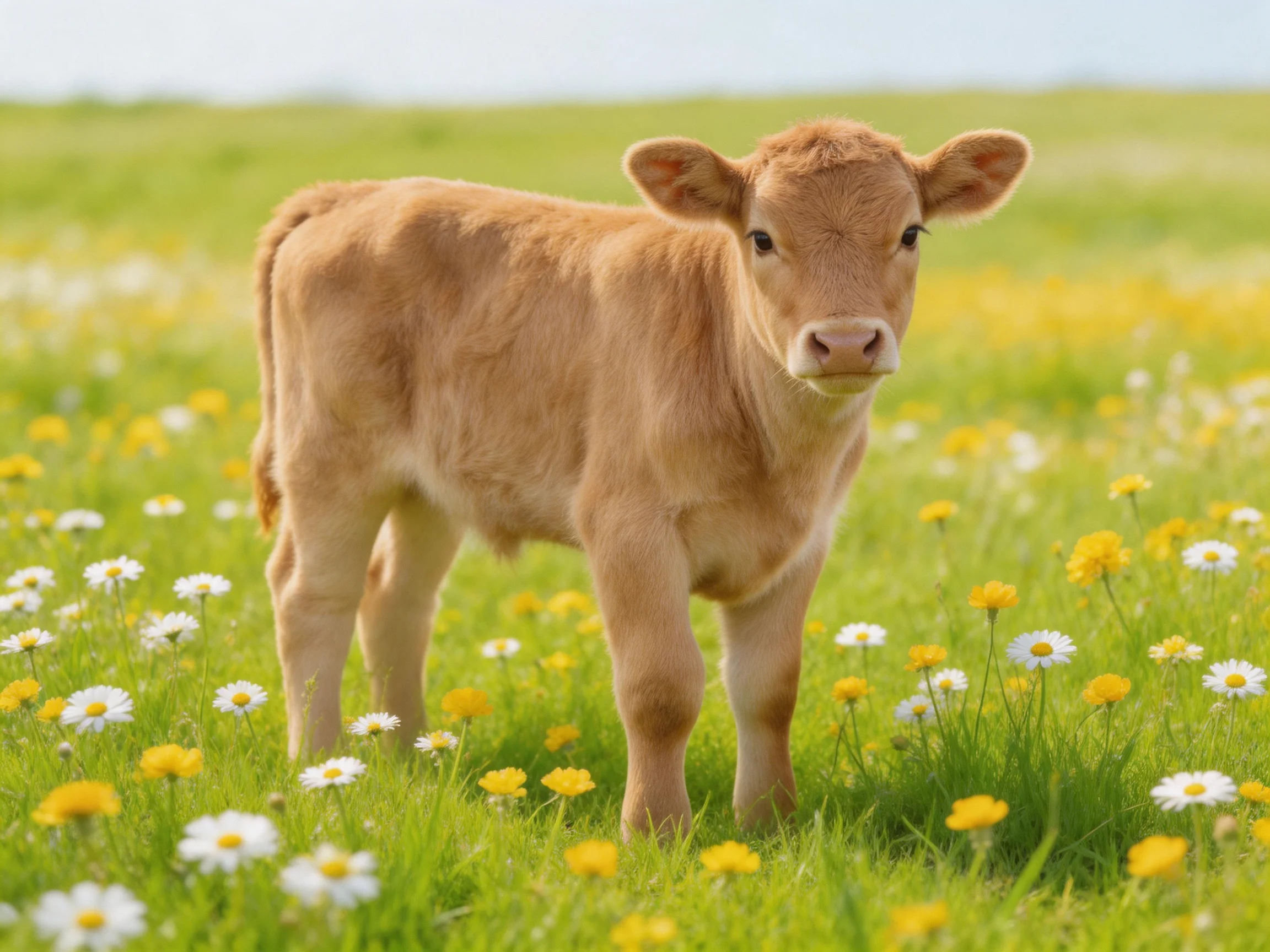 A light brown calf in a lush meadow with green grass and yellow white flowers