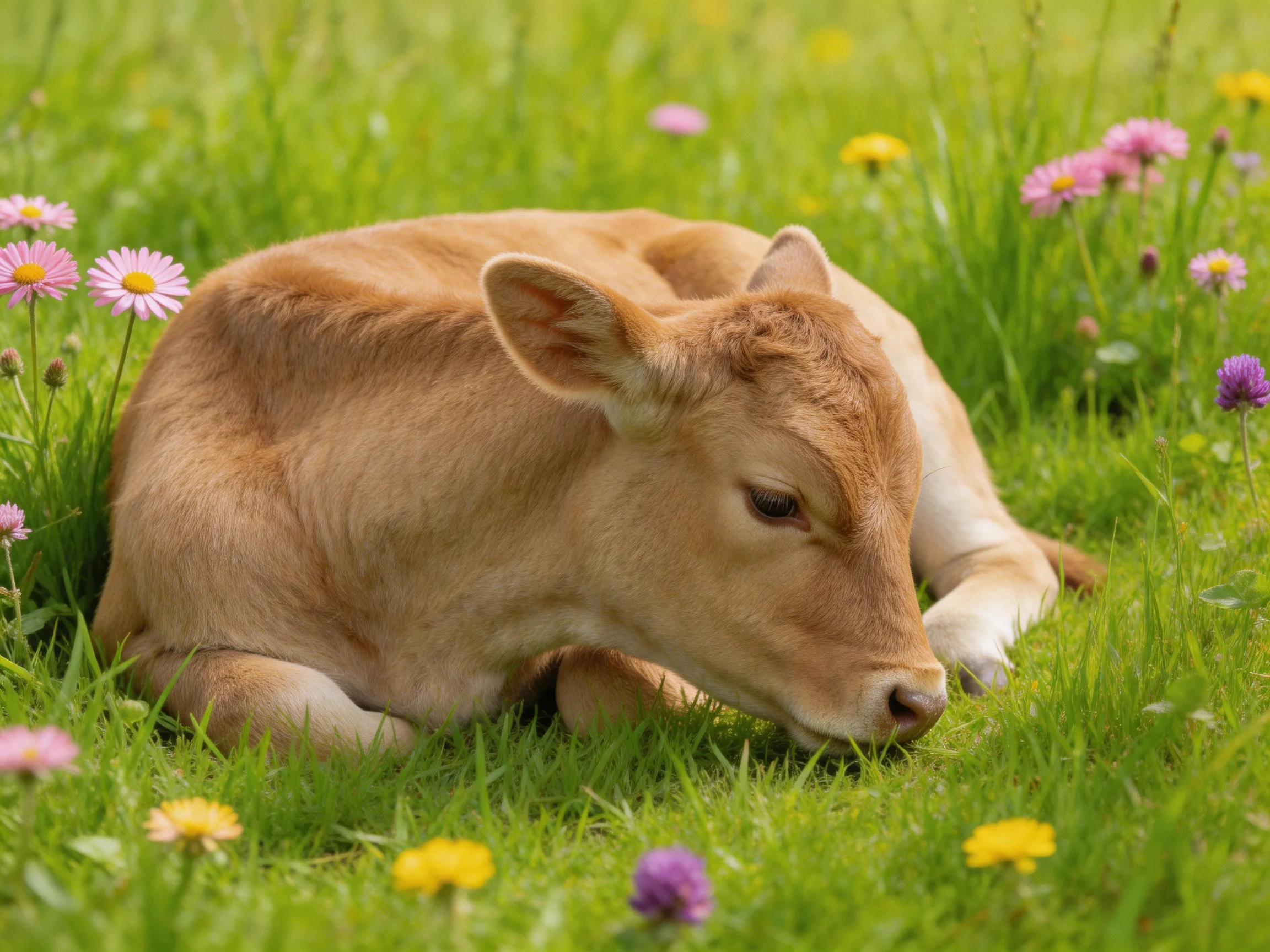A light brown calf resting amid lush green grass and pink, yellow, purple wildflowers