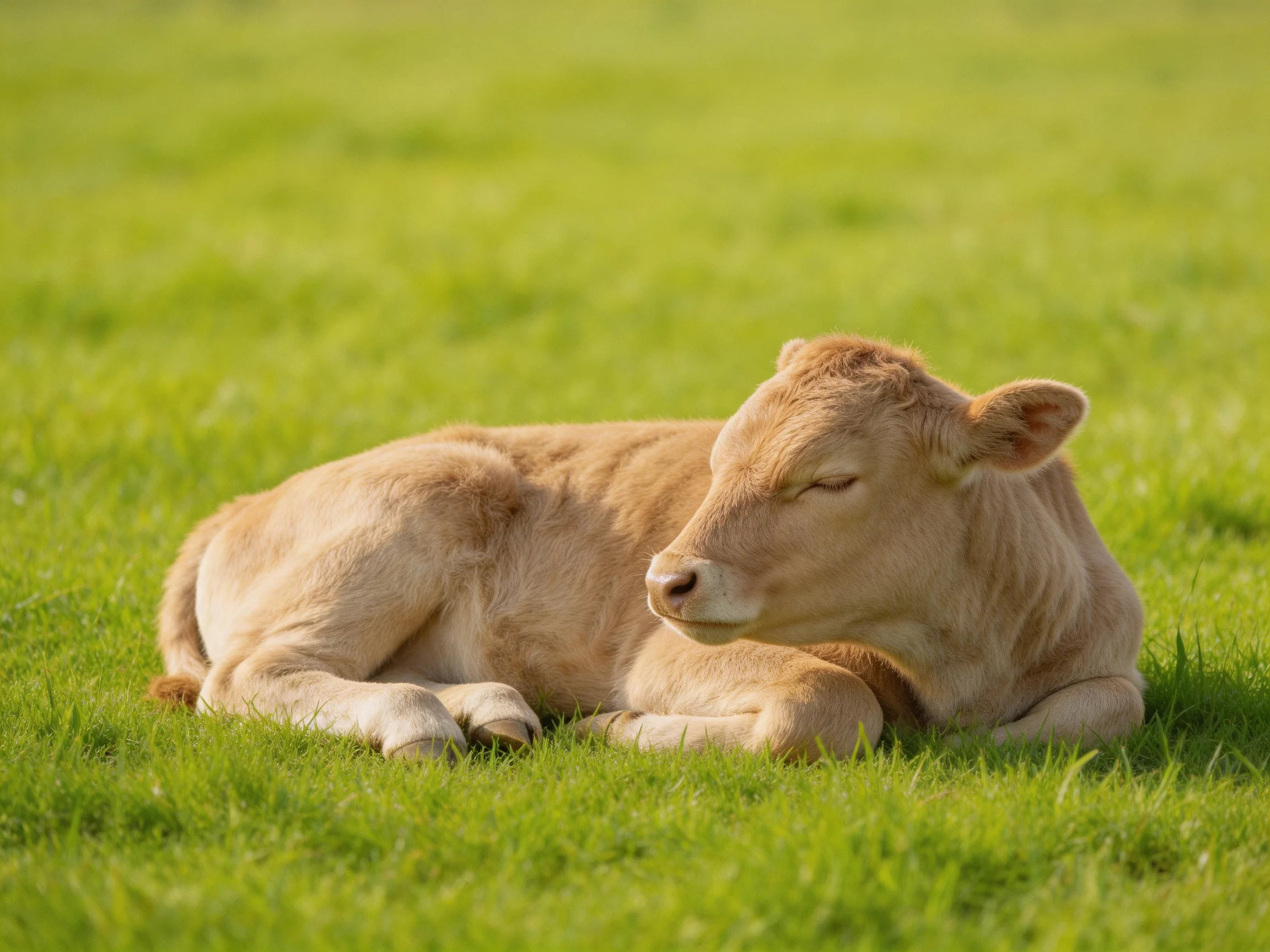 A light brown calf resting on lush green grass