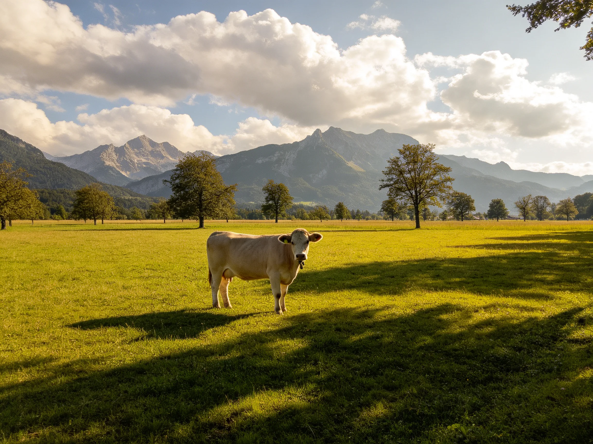 A light brown cow in a sunlit green meadow with distant mountains