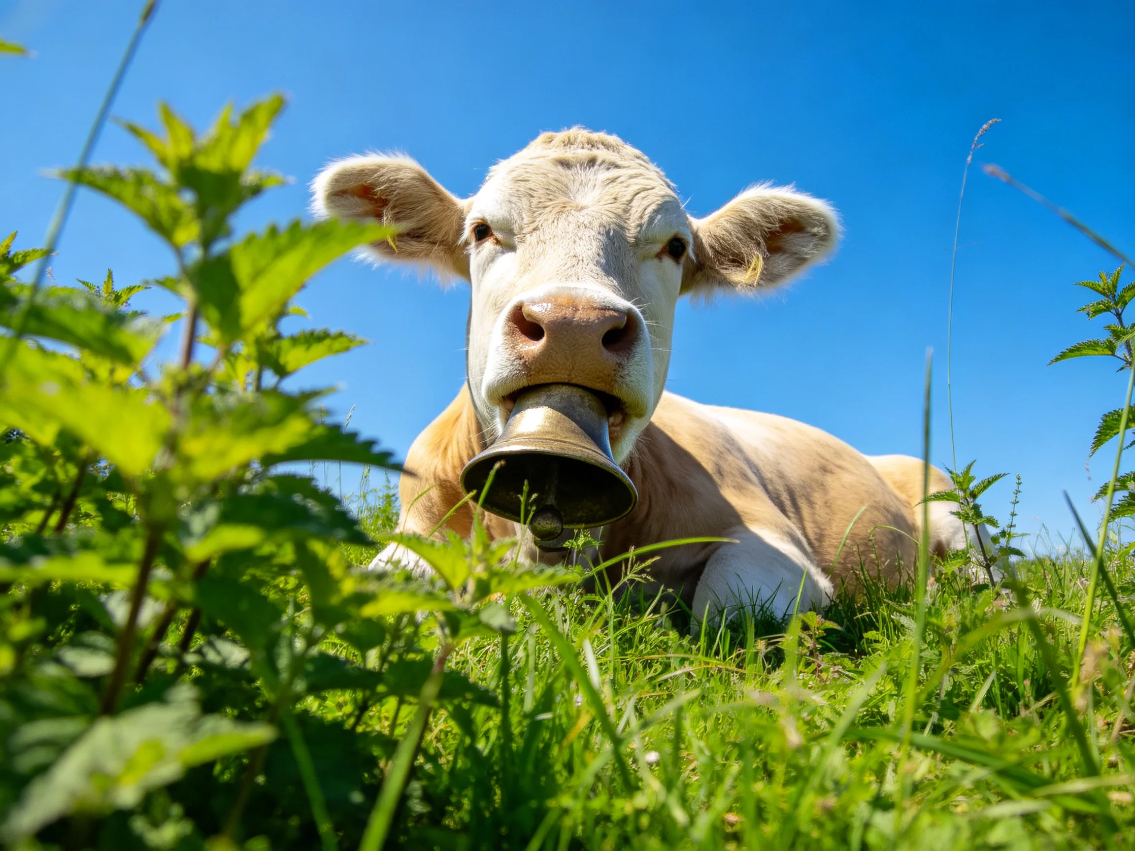 A light brown cow rests in lush green grass with a metal bell under a clear blue sky