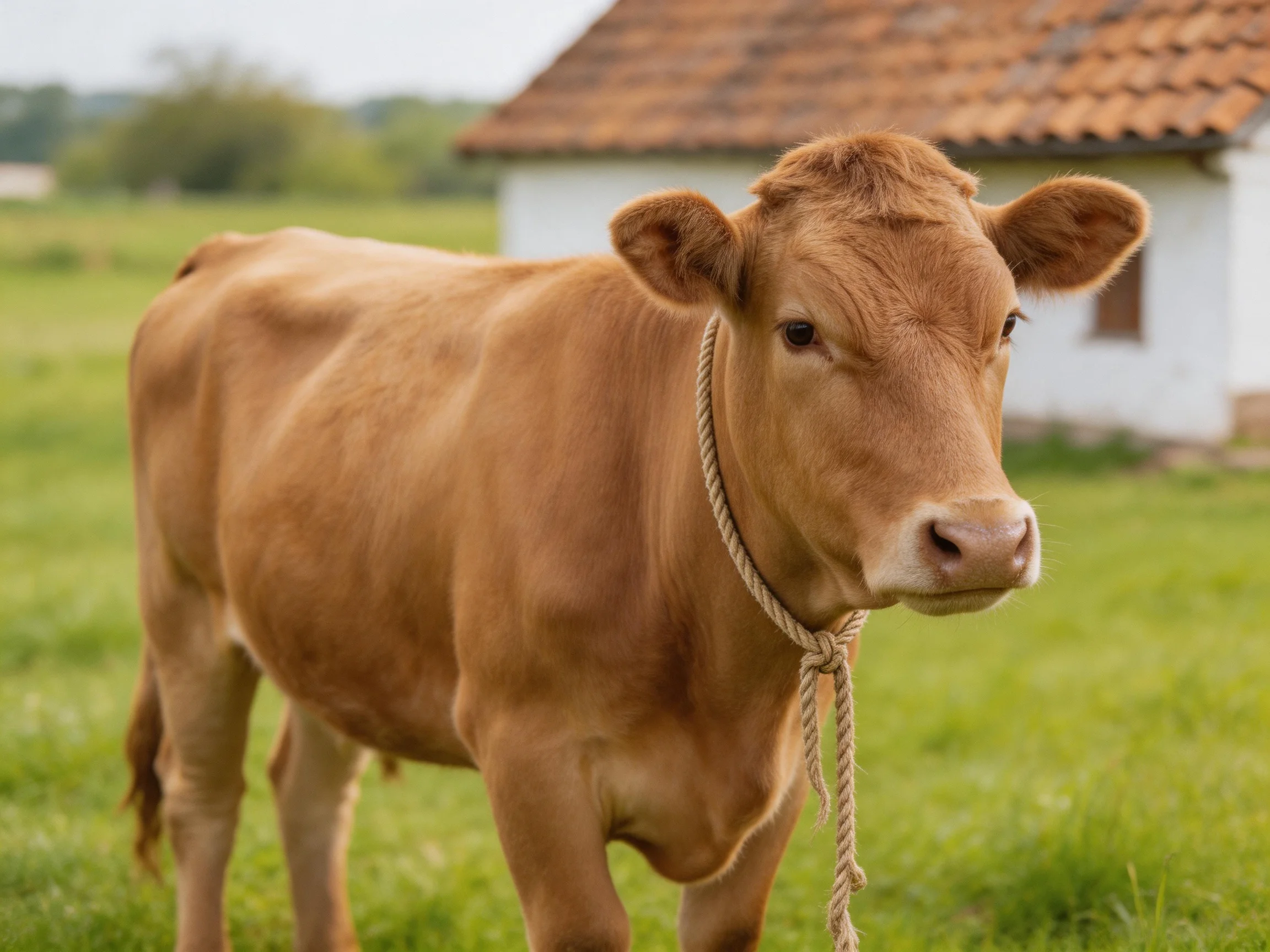 A light brown cow stands in a green pasture near a white cottage