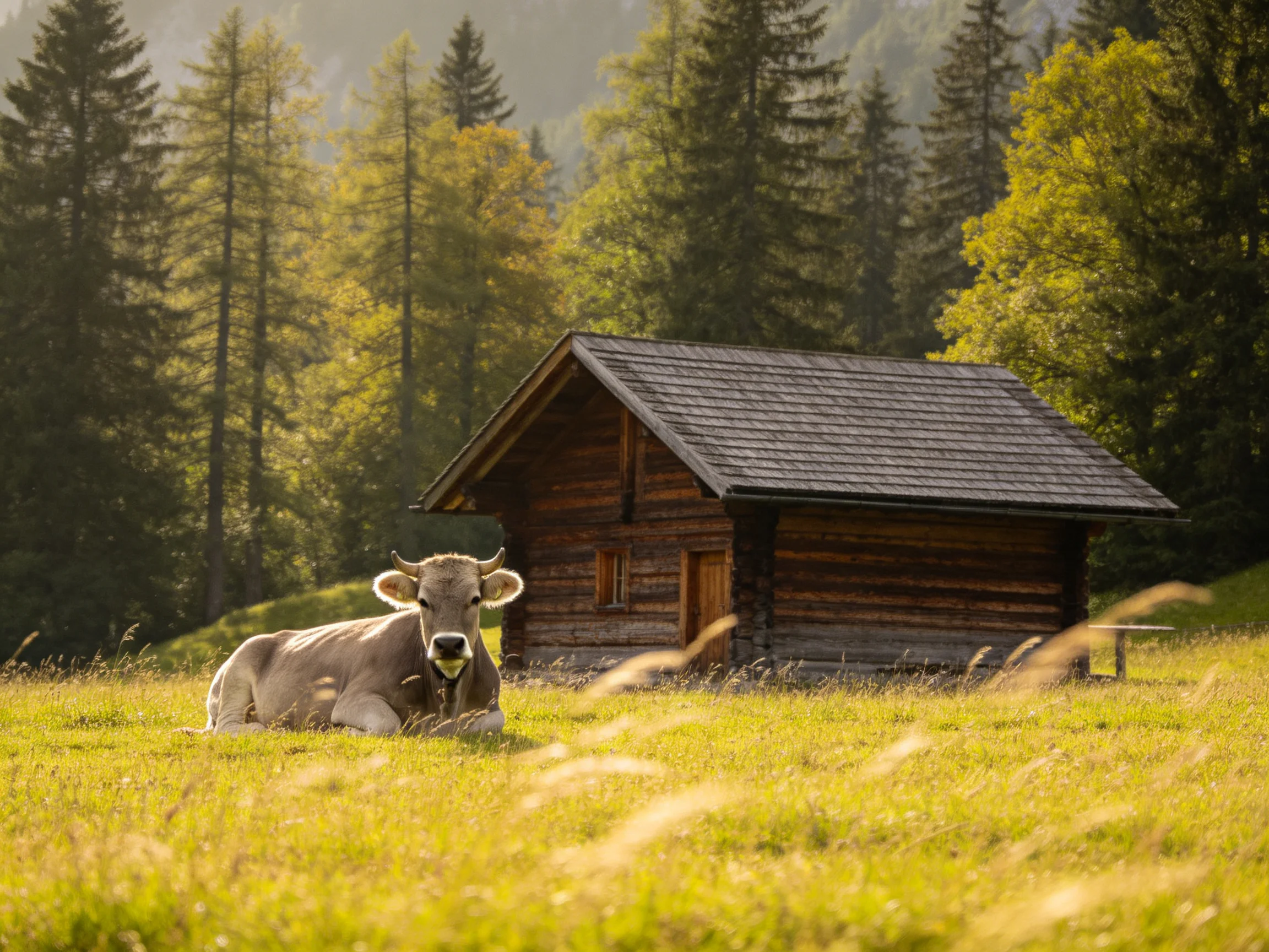 A light gray cow rests near a rustic wooden cabin in a sunlit meadow