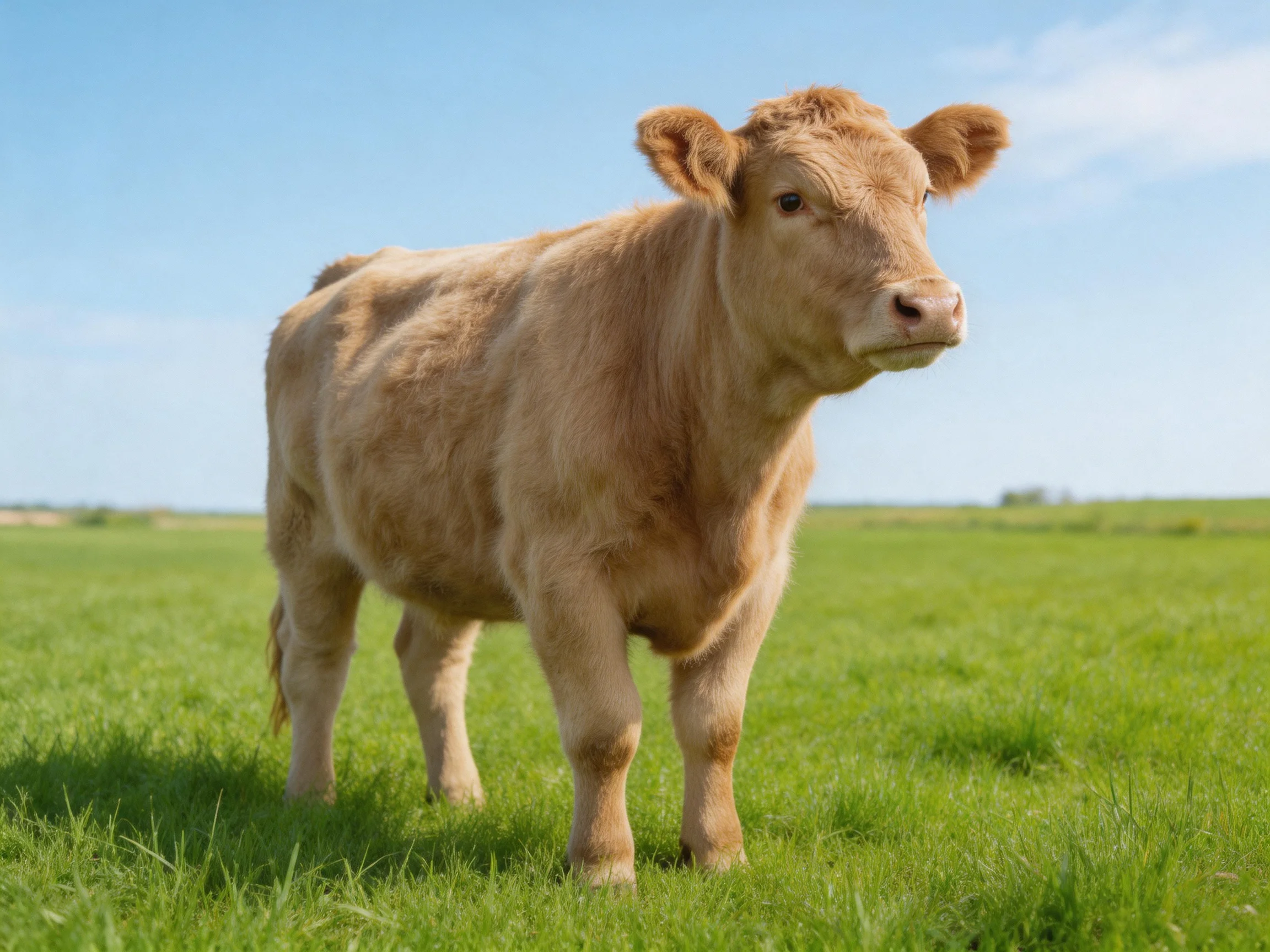 A light tan calf stands in a lush green pasture under a clear blue sky