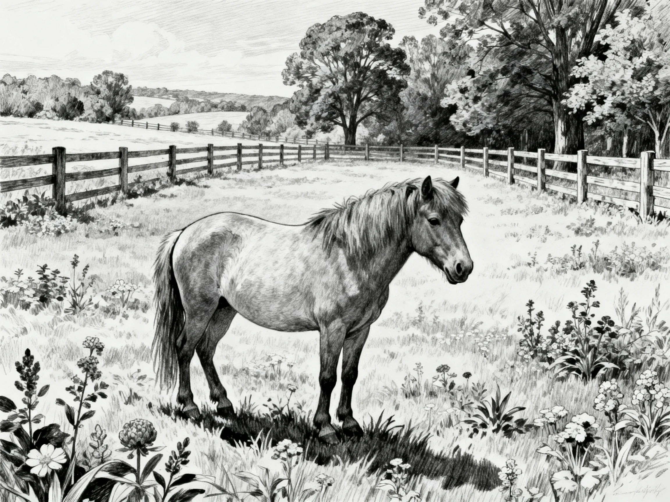 A light-toned pony stands in a fenced meadow with tall trees and wildflowers