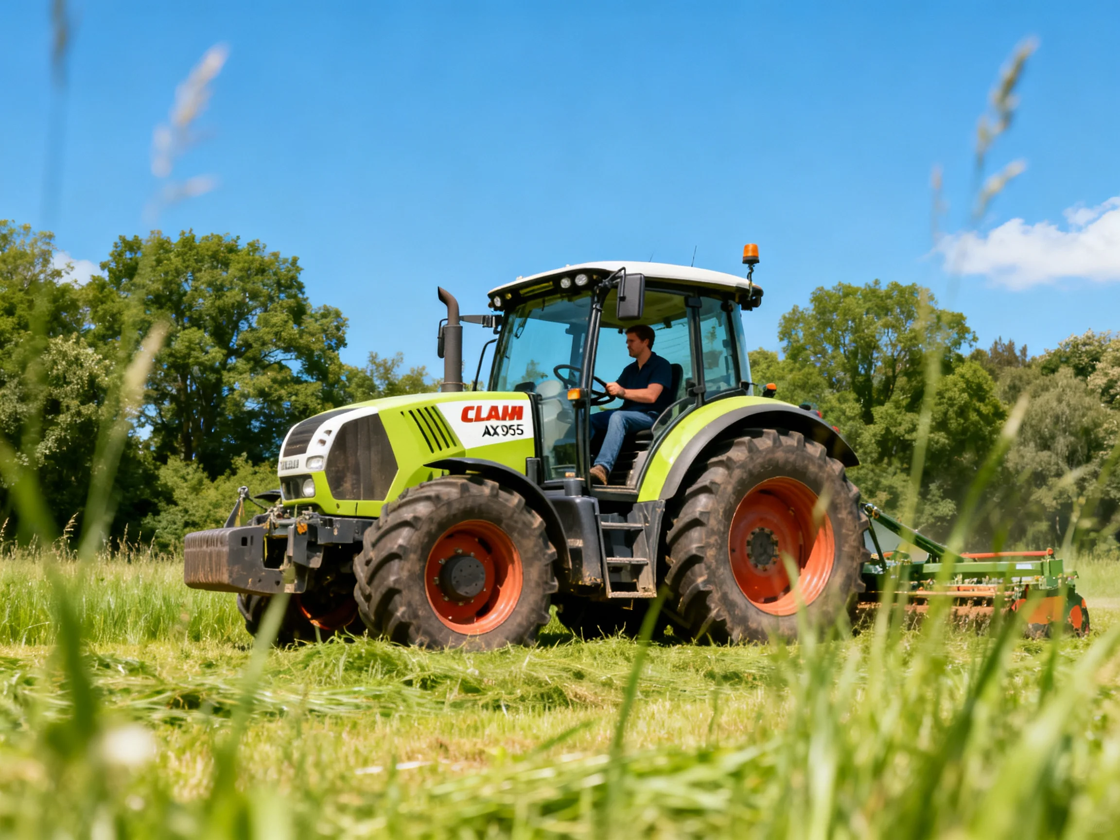A lime-green Claas AX955 tractor mows through tall grass in a sunny field