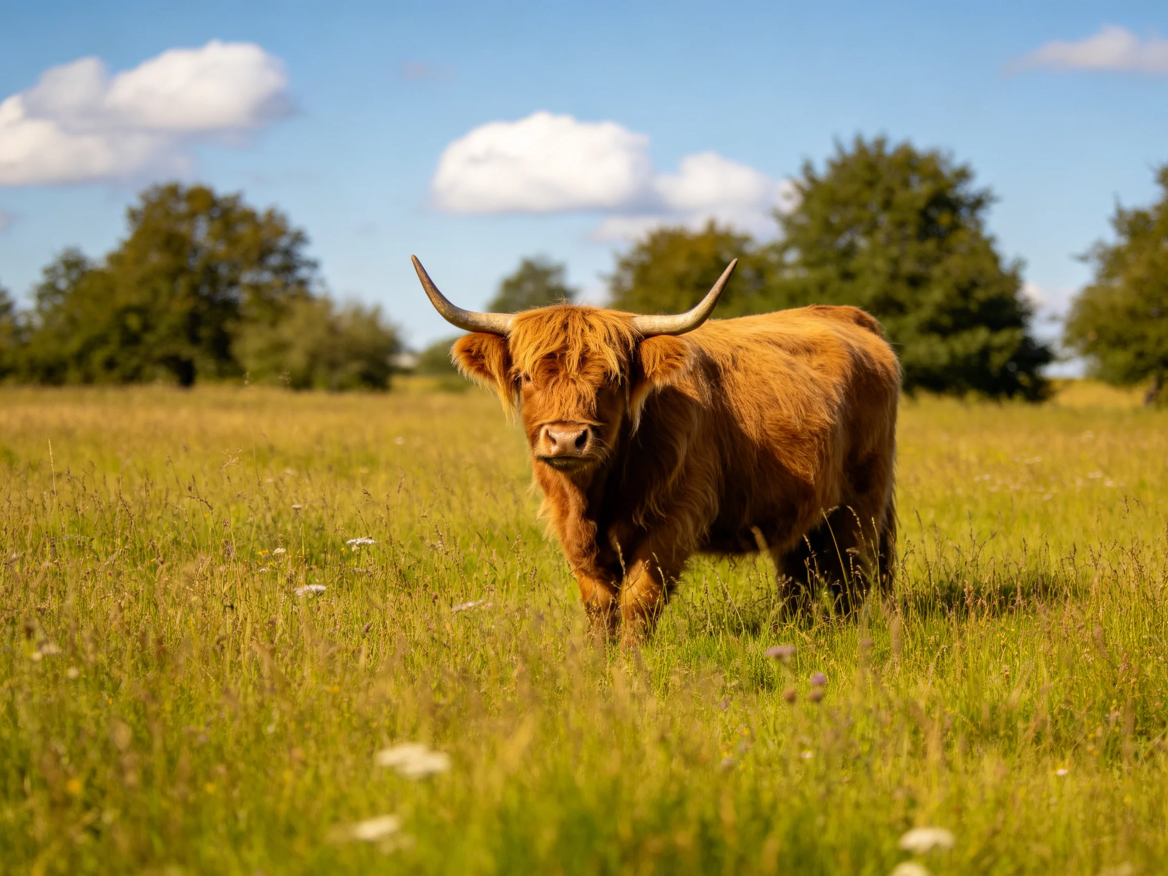 A long-haired brown Highland cow in a sunlit green meadow with trees