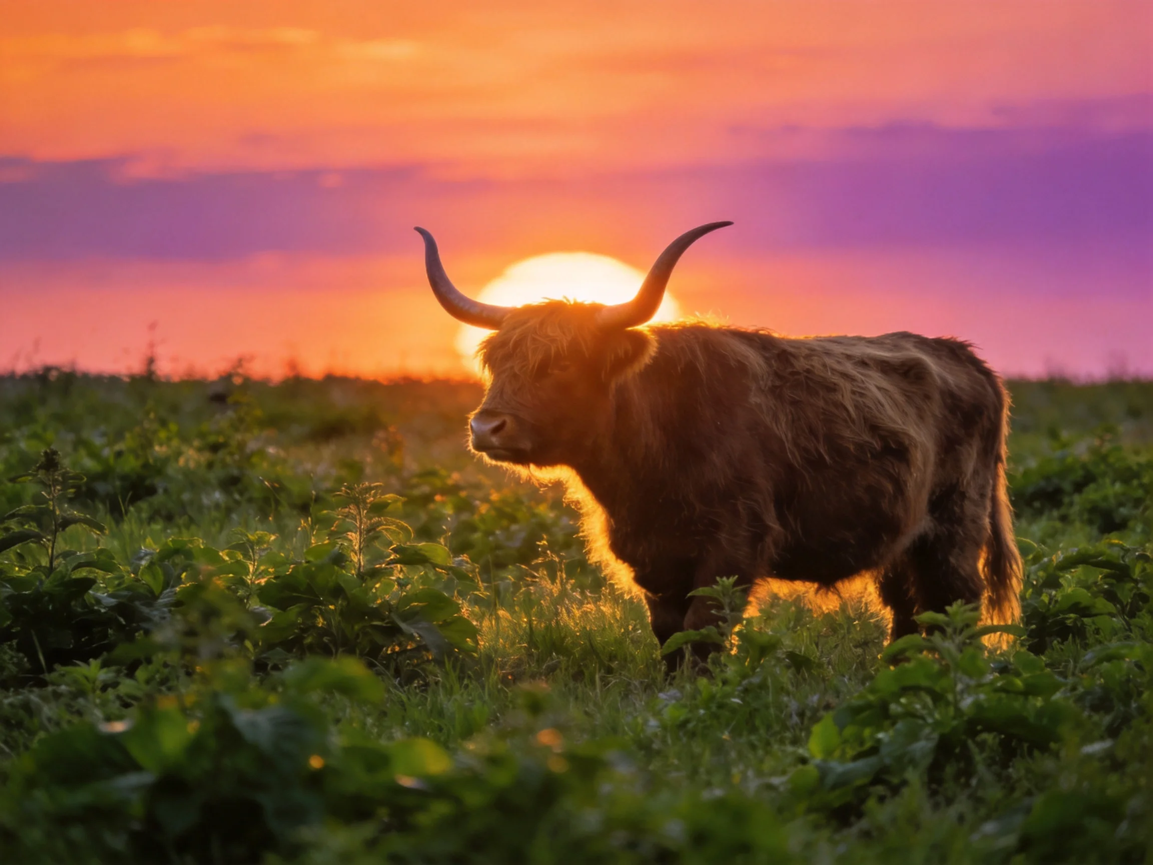 A long-horned brown cow stands in a lush green meadow under a vibrant sunset sky