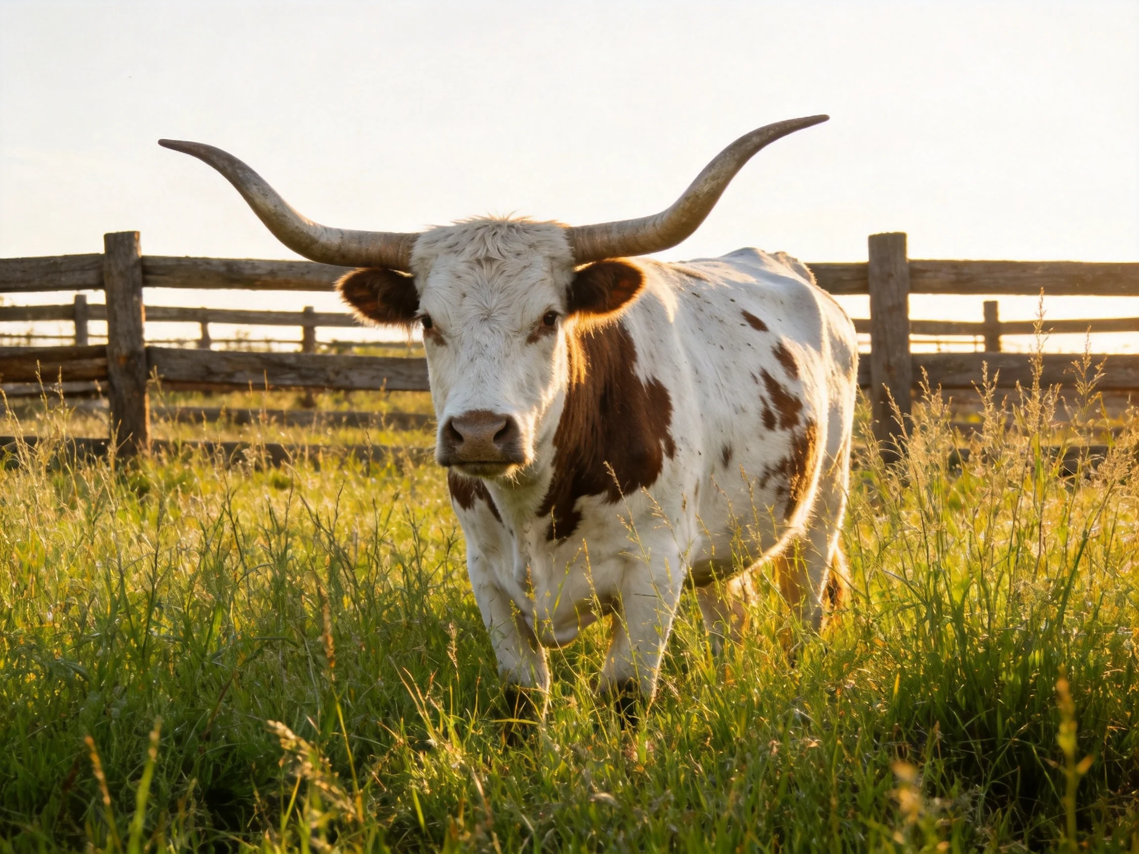 A long-horned cow stands in tall grass near a wooden fence.
