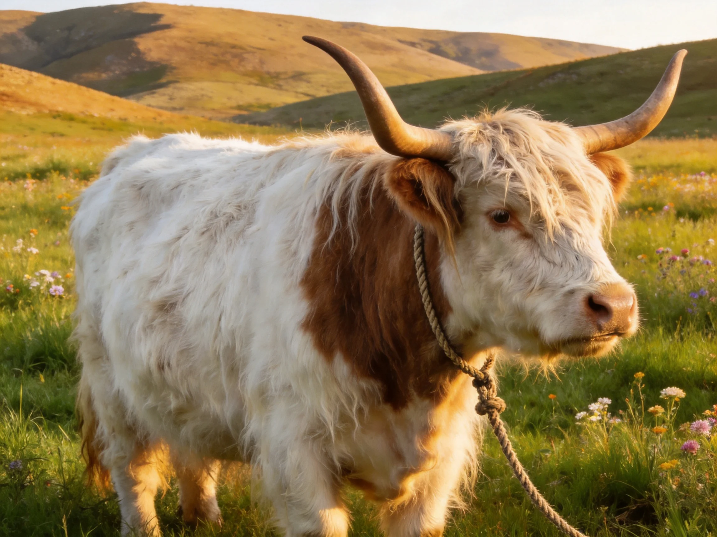 A long-horned, white-and-brown cow in a sun-drenched meadow