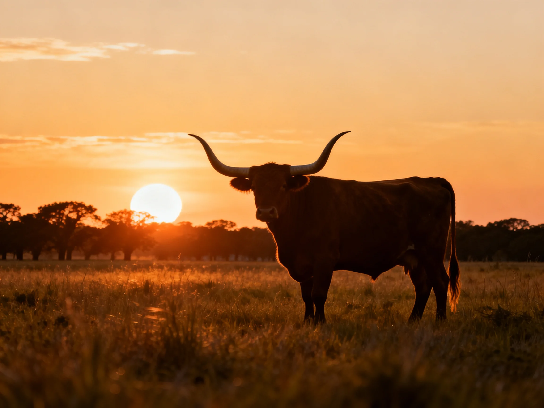 A longhorn cow silhouetted against a golden sunset over an open field