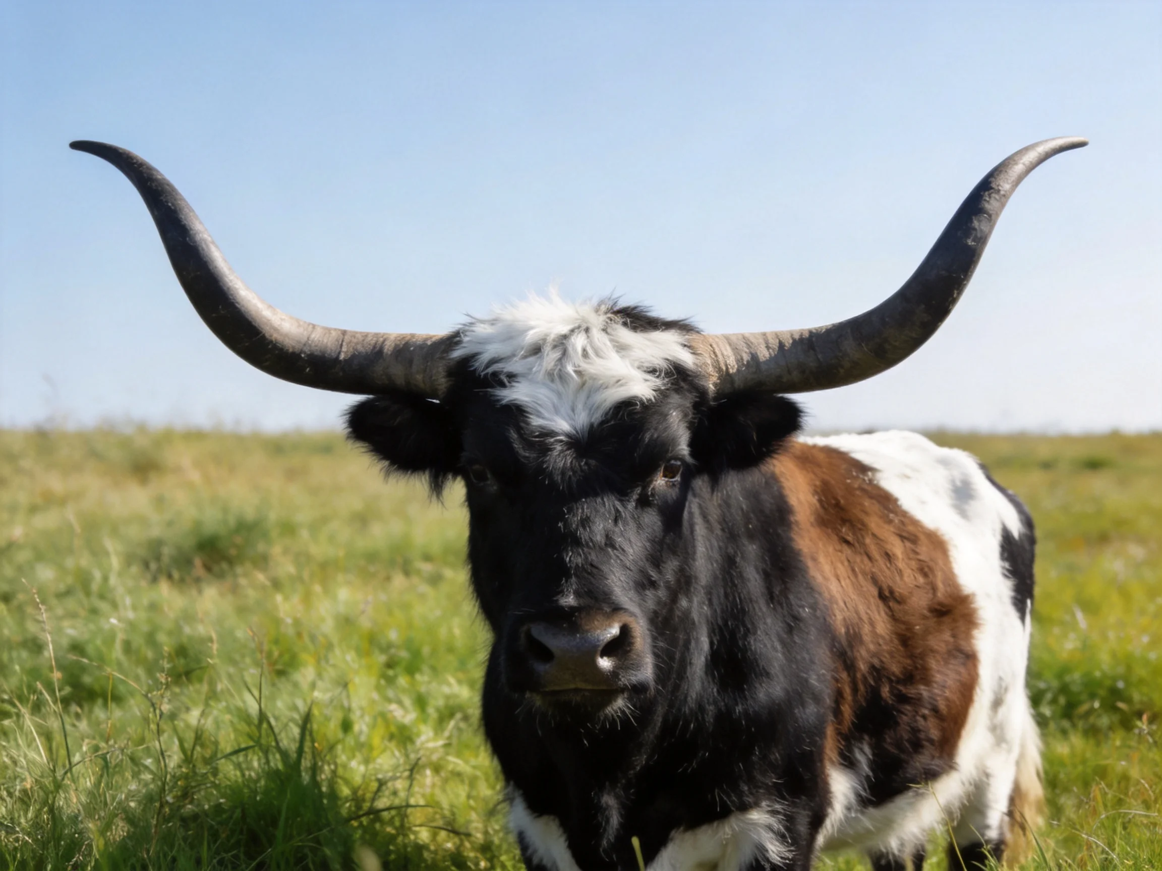 A longhorn cow with black, brown, and white patches in an open field