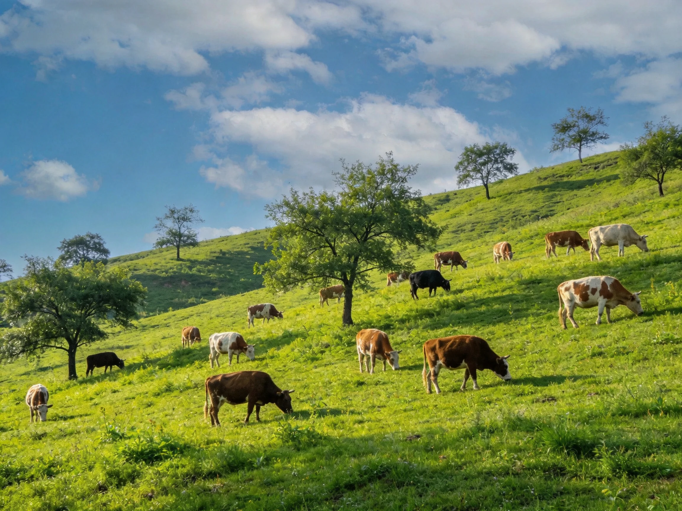 A lush green hillside with diverse cows grazing near scattered trees