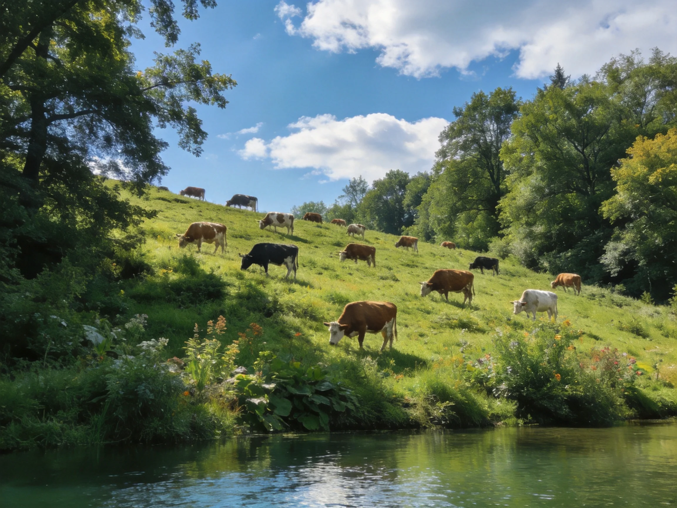 A lush green hillside with multiple cows grazing near a calm river