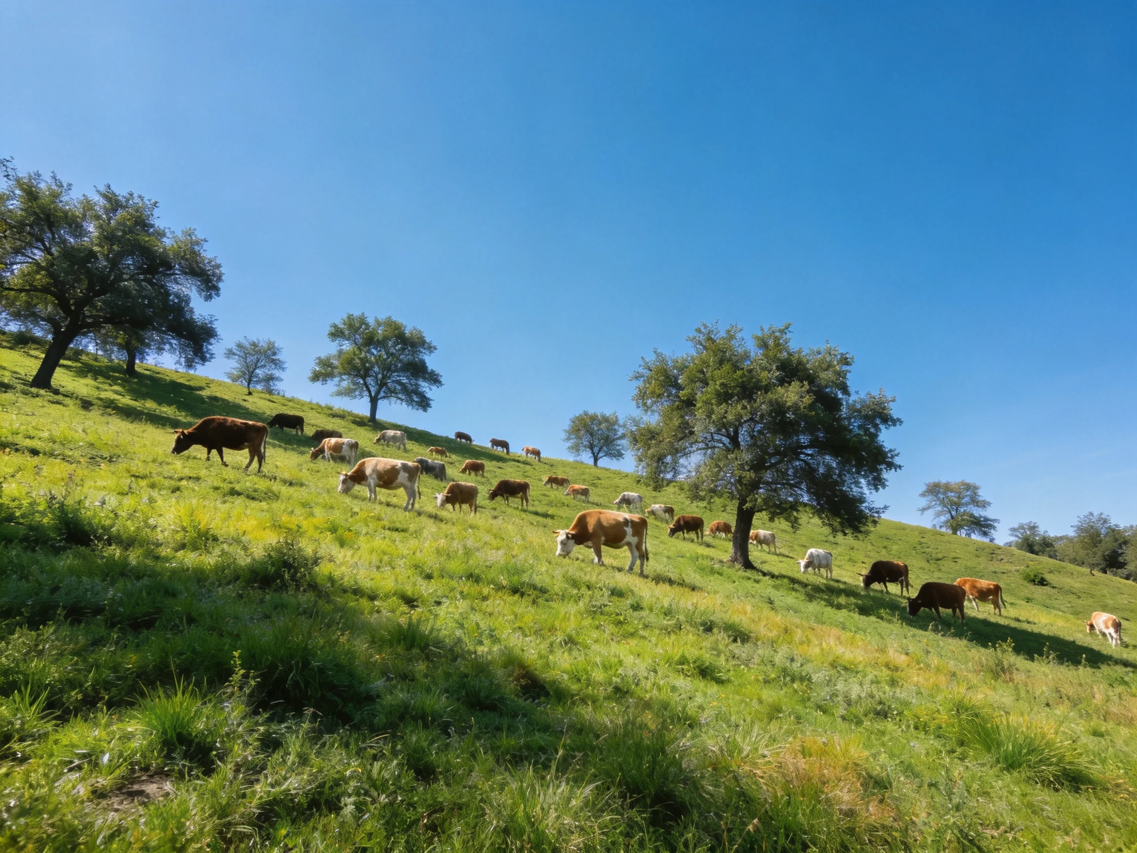A lush green hillside with numerous cows grazing near tall trees under clear blue sky