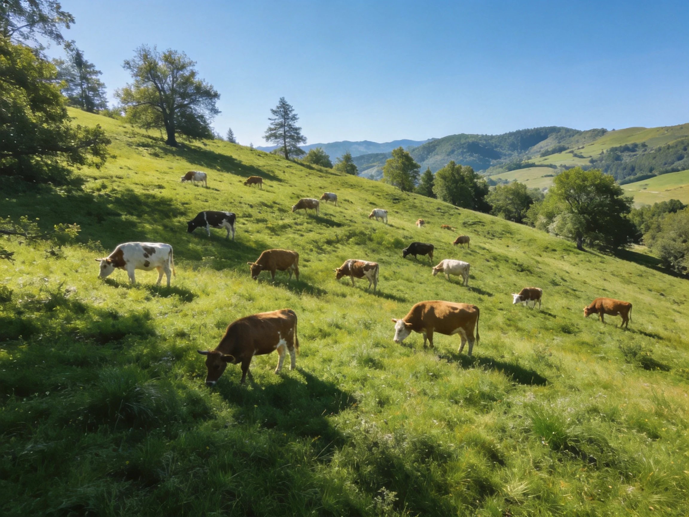 A lush green hillside with numerous grazing cows under clear blue skies