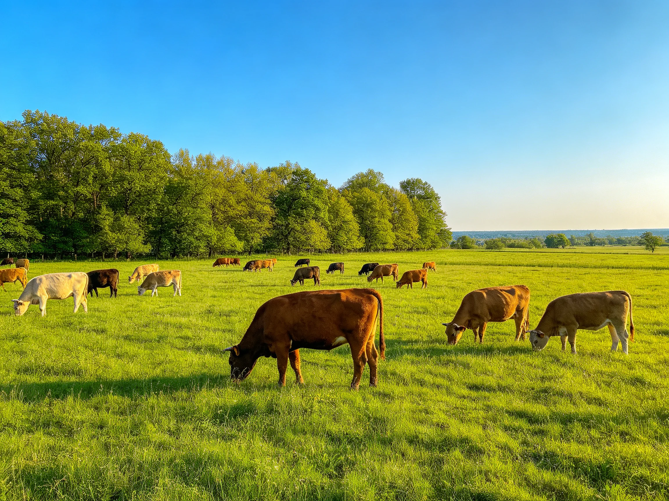 A lush green meadow has diverse cattle grazing near forested trees