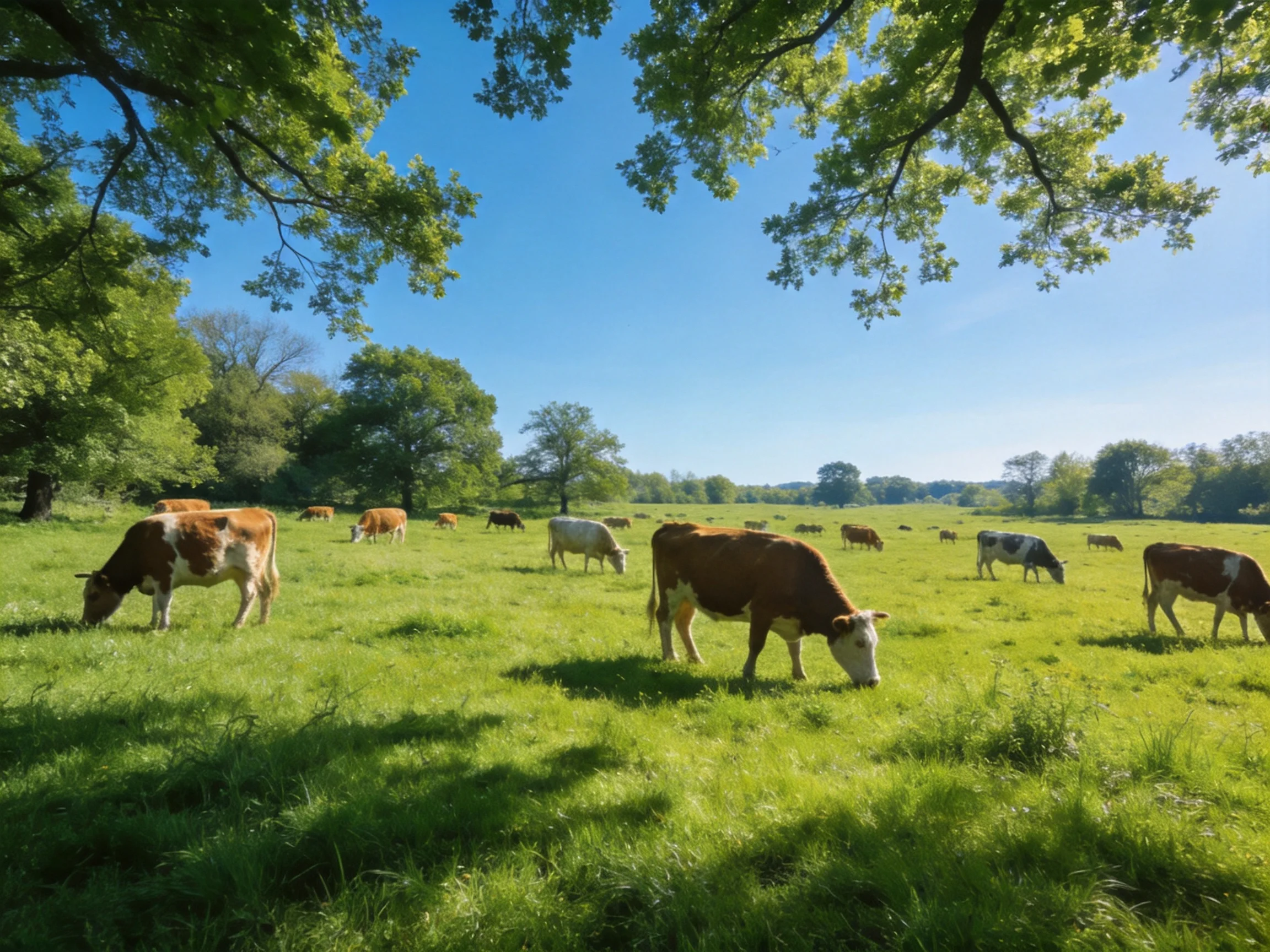 Brown and white cows graze in a sunlit green meadow with trees.