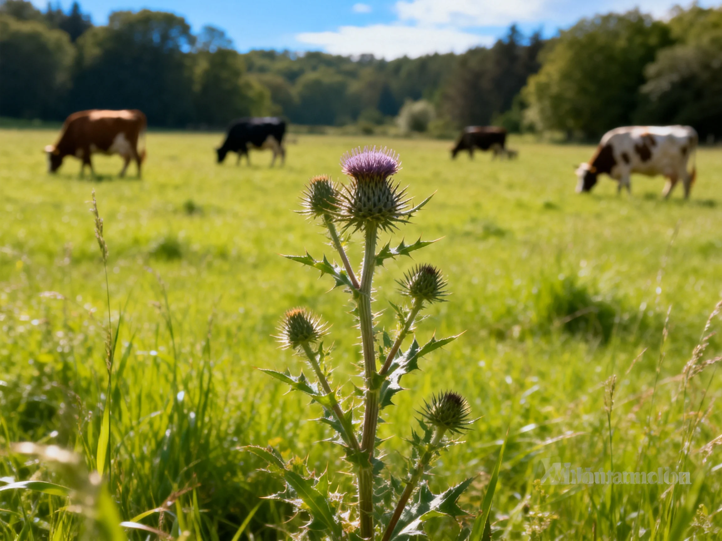 Cows graze in a bright green meadow near a purple thistle plant.