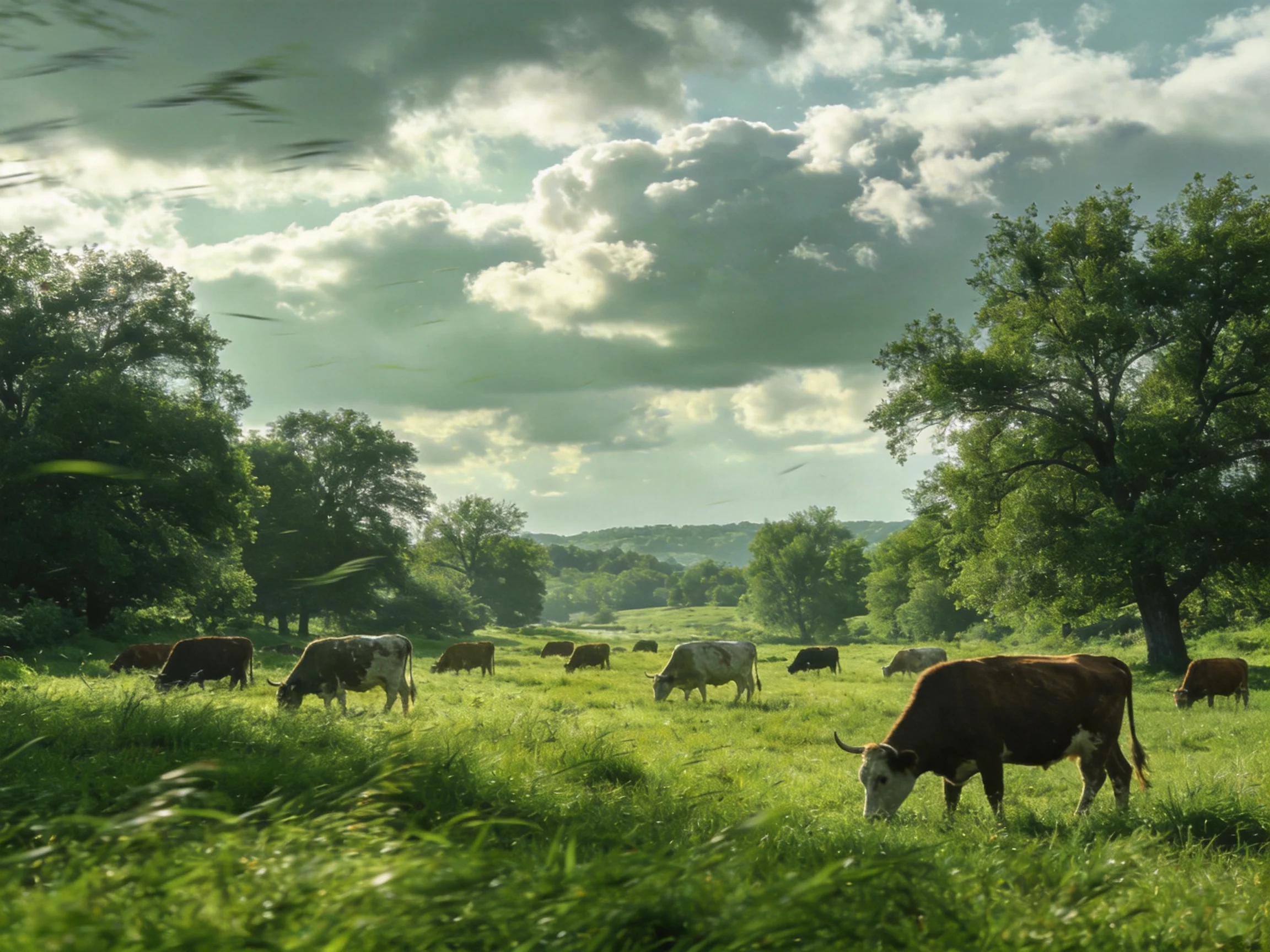 Cattle graze peacefully in a verdant meadow beneath a cloudy sky.